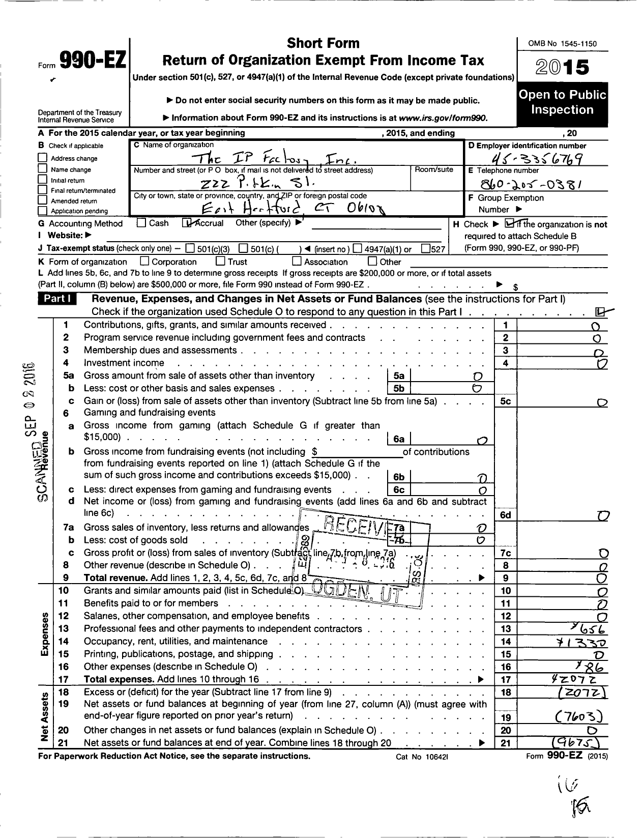 Image of first page of 2015 Form 990EO for Ip Factory