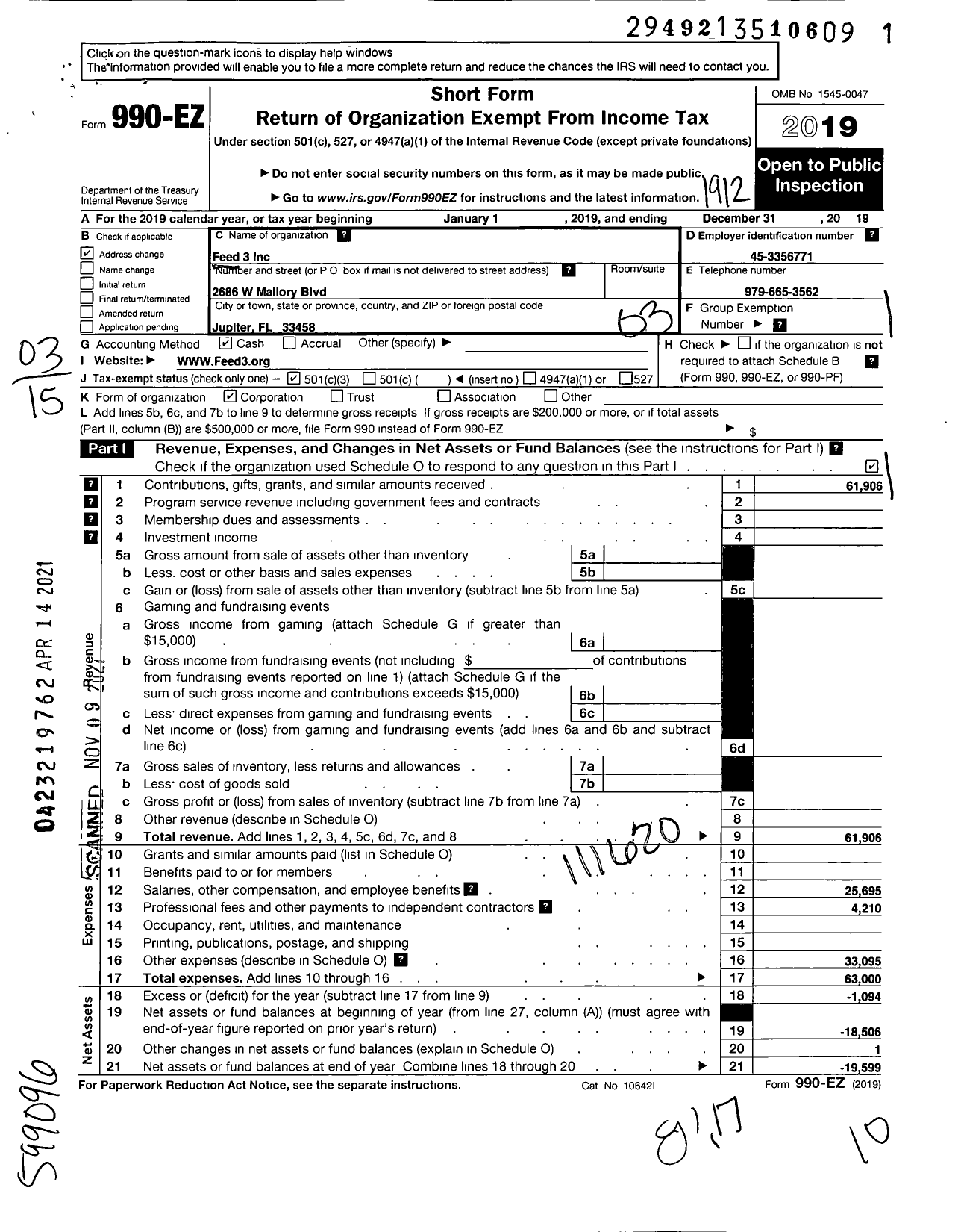 Image of first page of 2019 Form 990EZ for Feed 3