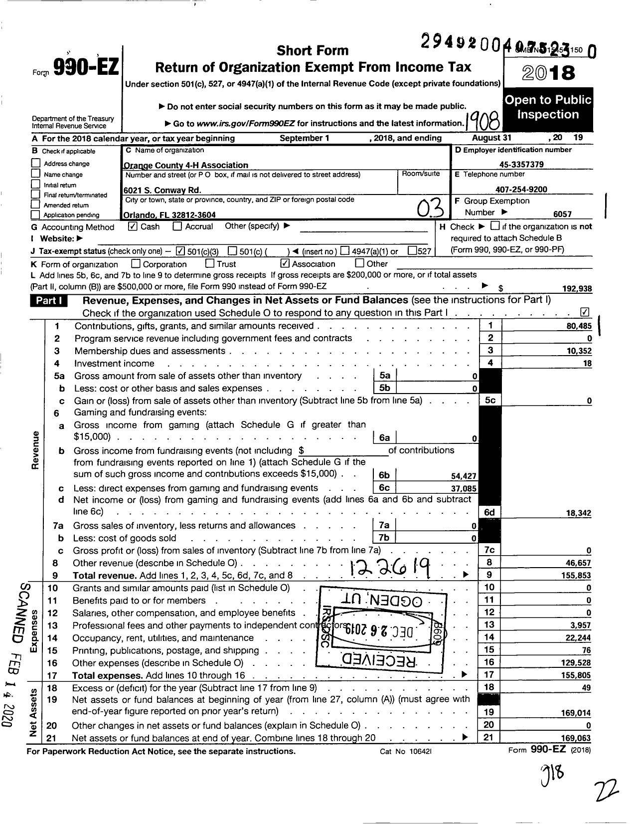 Image of first page of 2018 Form 990EZ for Orange County 4-H Association