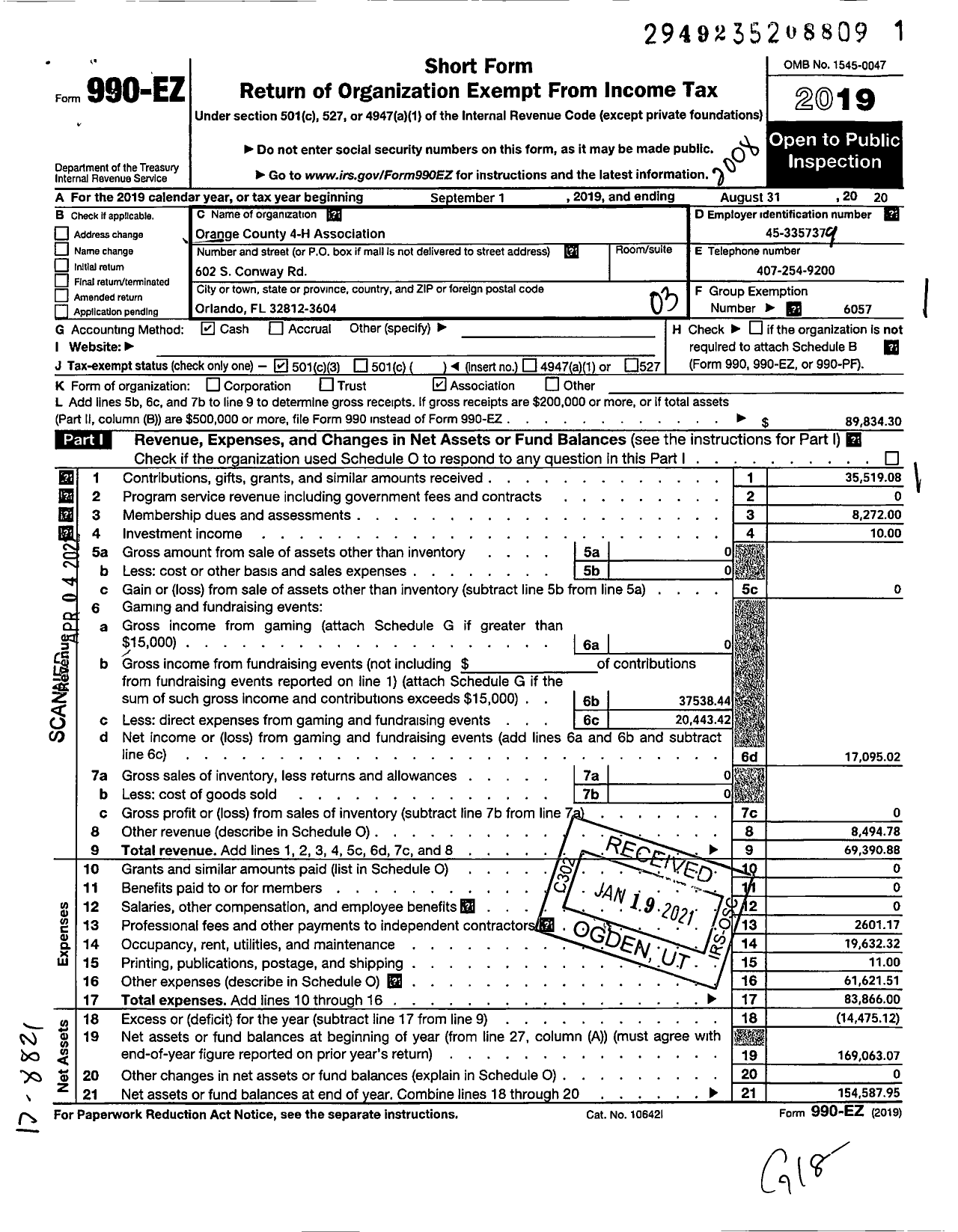 Image of first page of 2019 Form 990EZ for Orange County 4-H Association