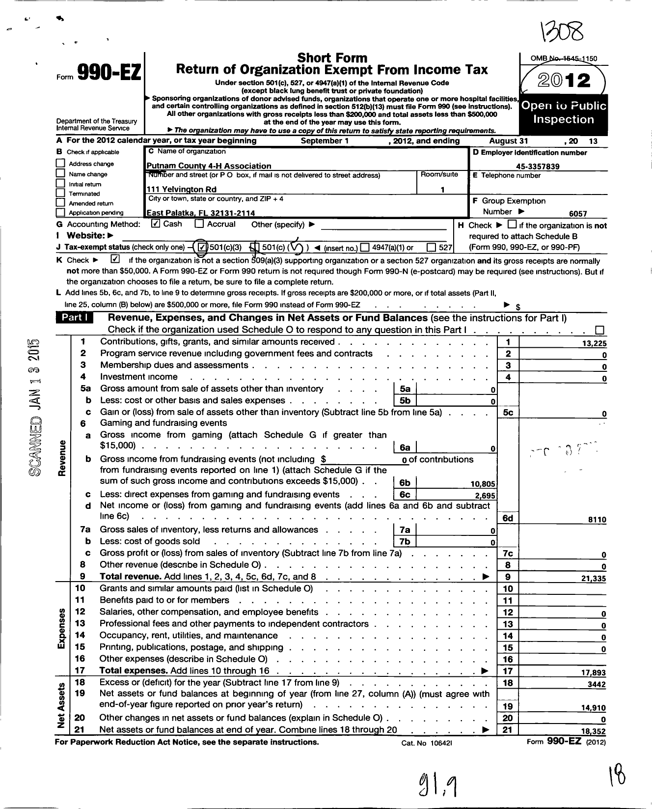 Image of first page of 2012 Form 990EO for University of Florida / Putnam County 4-H Association