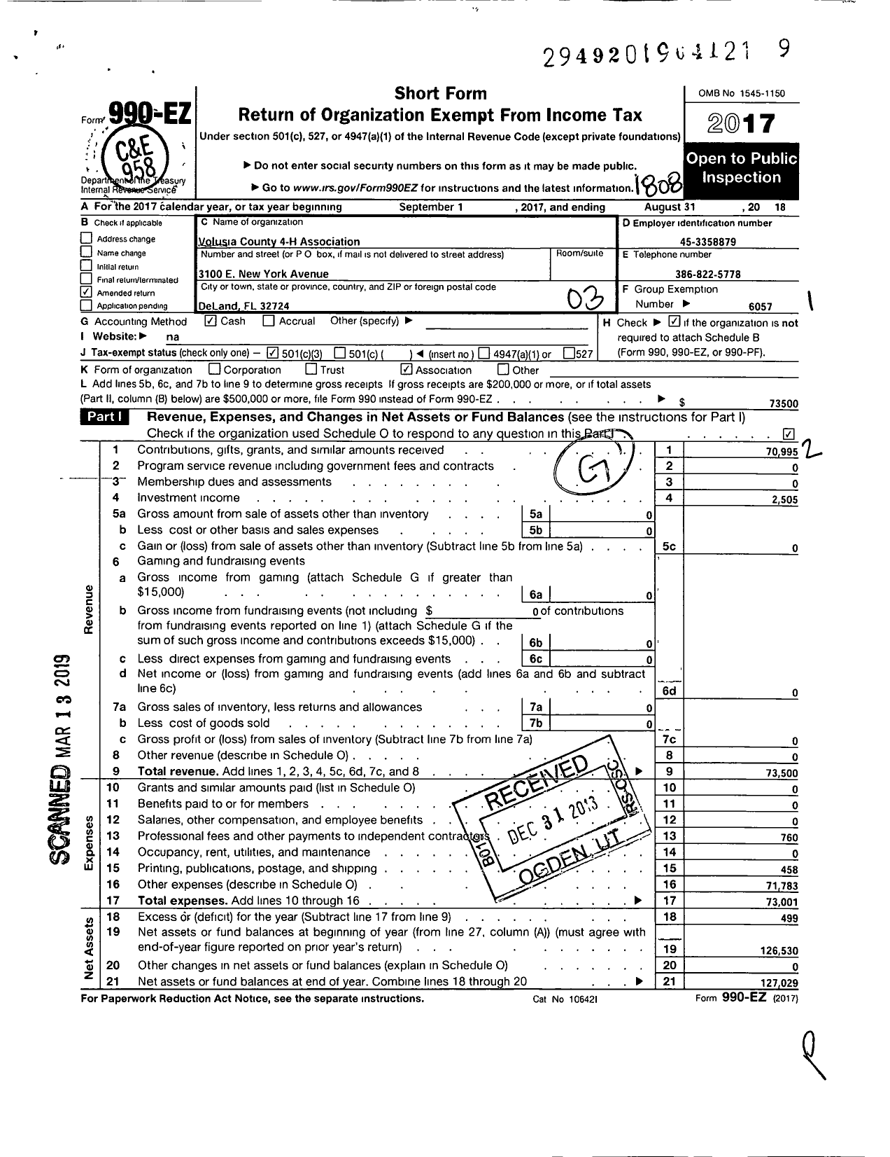 Image of first page of 2017 Form 990EZ for University of Florida / Volusia County 4-H Association