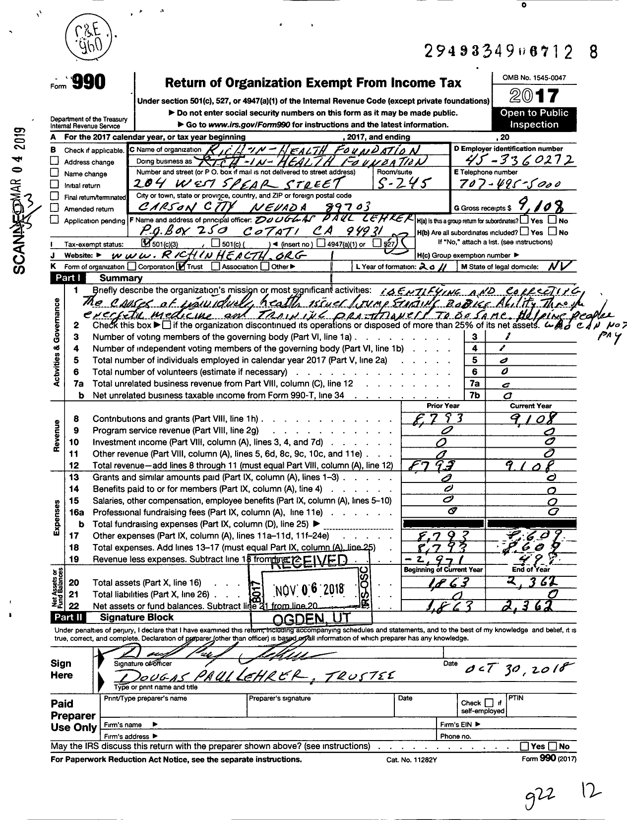 Image of first page of 2017 Form 990 for Rich-In-Health Foundation