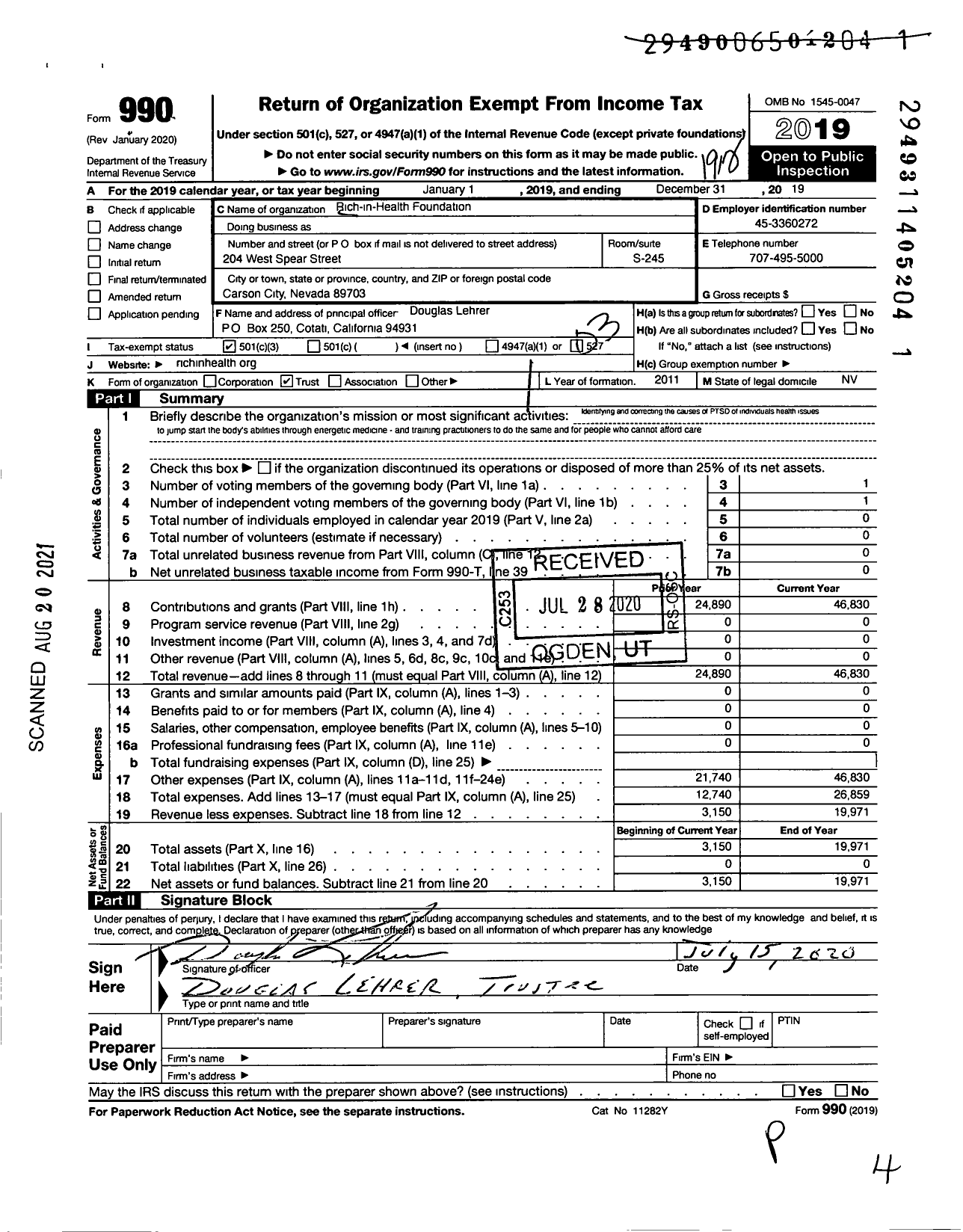 Image of first page of 2019 Form 990 for Rich-In-Health Foundation