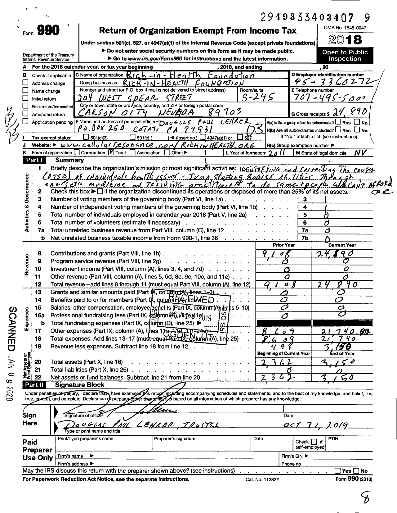 Image of first page of 2018 Form 990 for Rich-In-Health Foundation