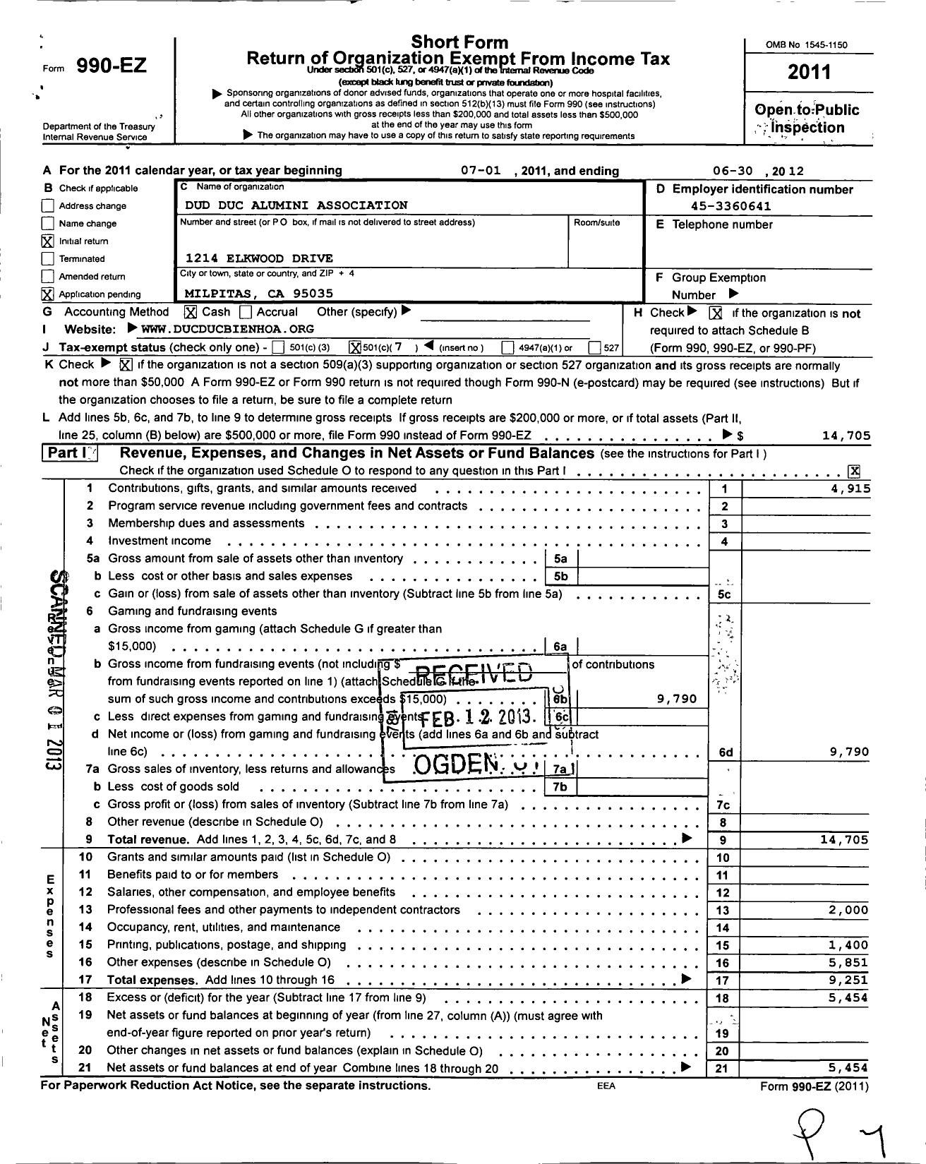 Image of first page of 2011 Form 990EO for Duc Duc Alumni Association