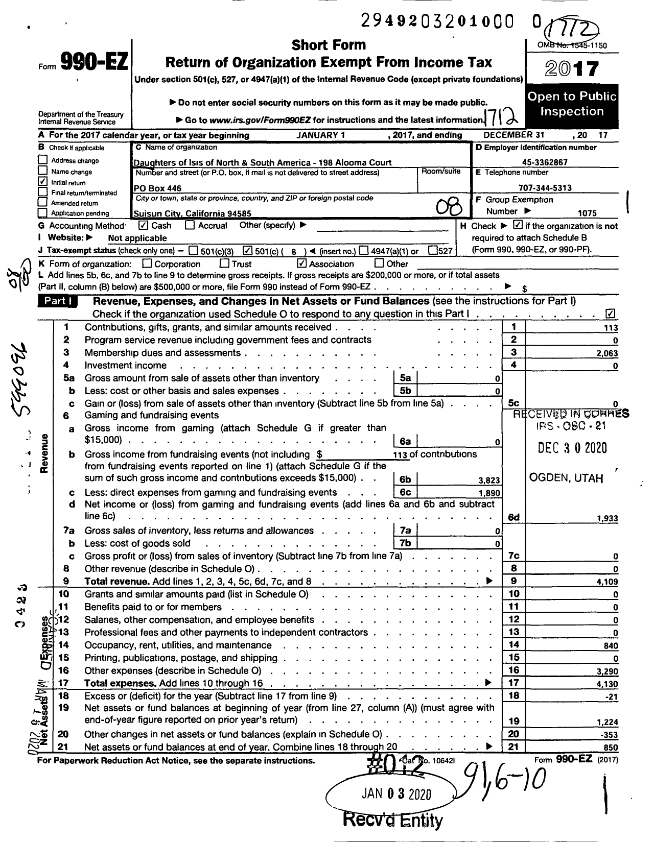 Image of first page of 2017 Form 990EO for Daughters of Isis of North and South America - 198 Alooma Court