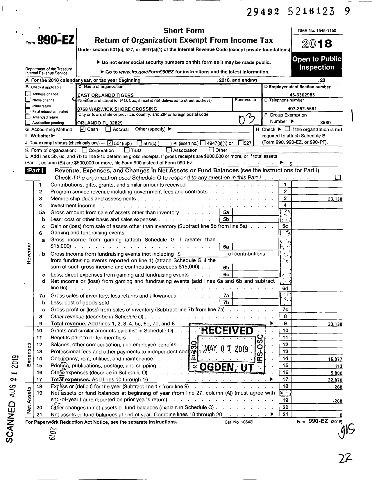 Image of first page of 2018 Form 990EZ for Amateur Athletic Union - East Orlando Tigers