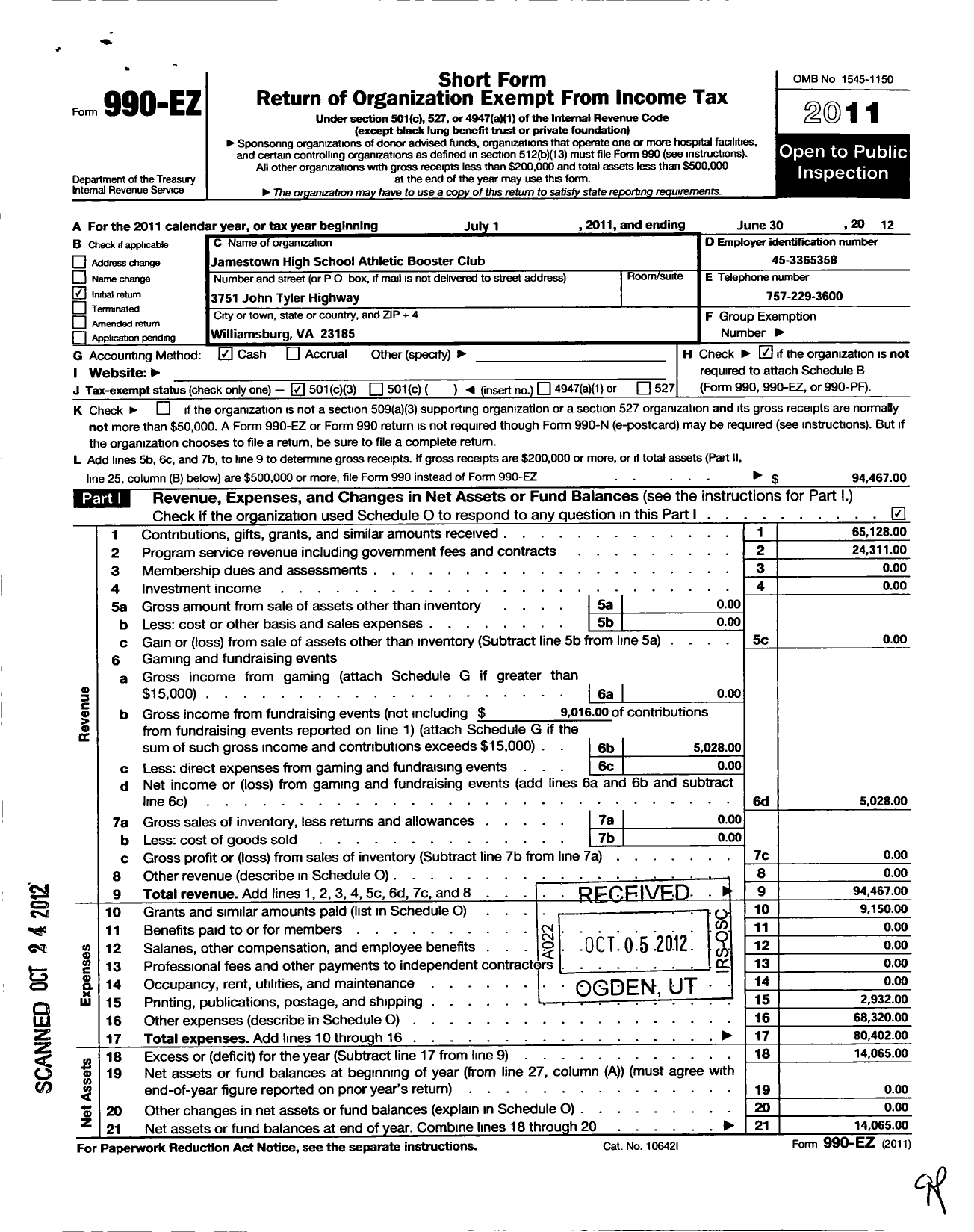 Image of first page of 2011 Form 990EZ for Jamestown High School Athletic Booster Club (JHS ABC)