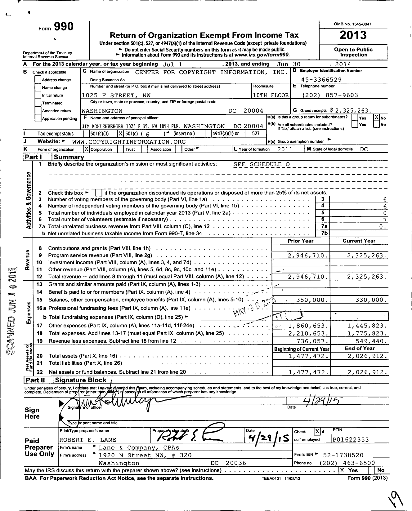Image of first page of 2013 Form 990O for Center for Copyright Information (CCI)