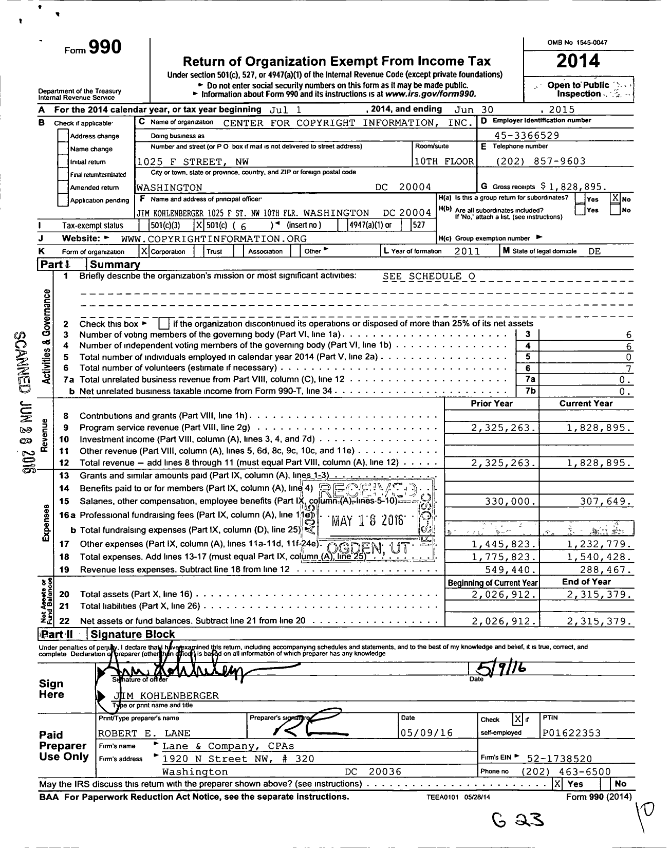 Image of first page of 2014 Form 990O for Center for Copyright Information (CCI)