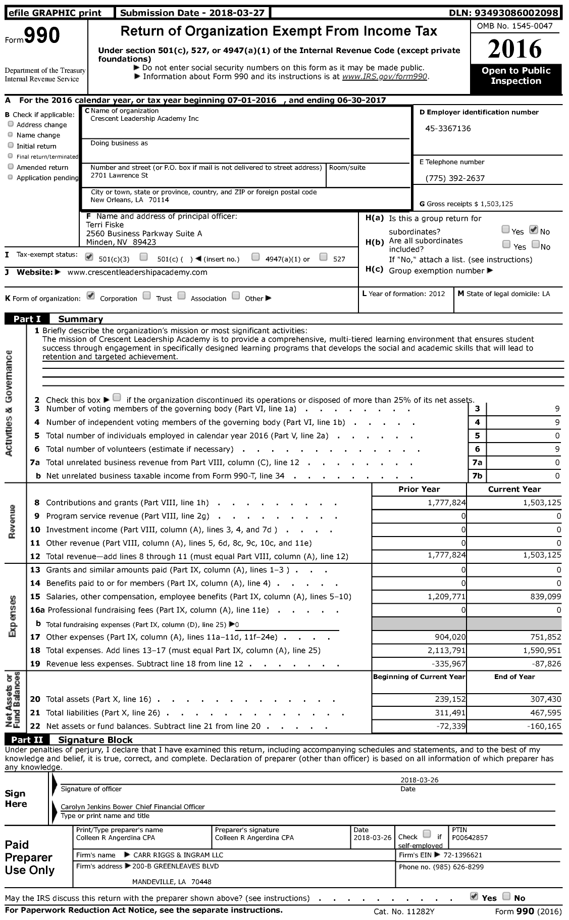 Image of first page of 2016 Form 990 for Crescent Leadership Academy