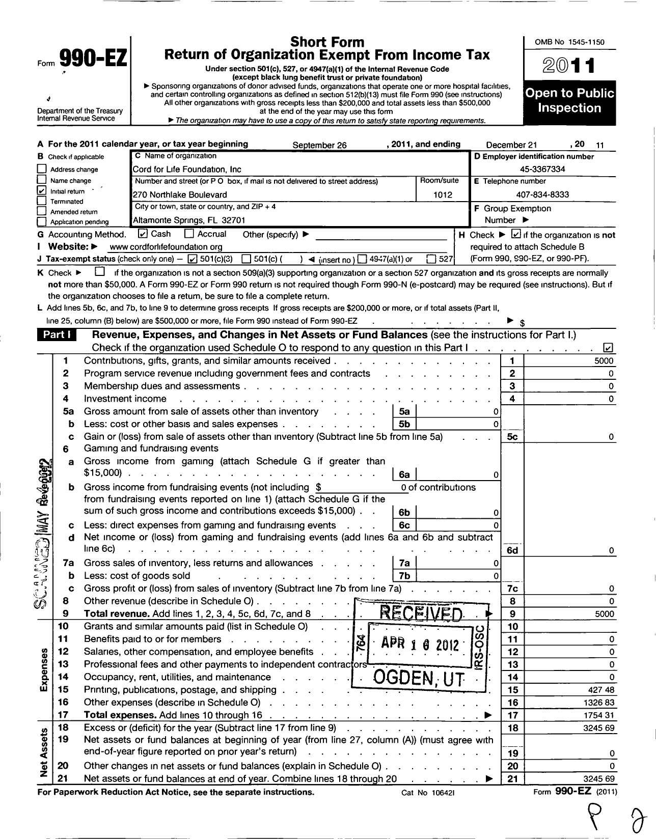 Image of first page of 2011 Form 990EZ for Cord for Life Foundation