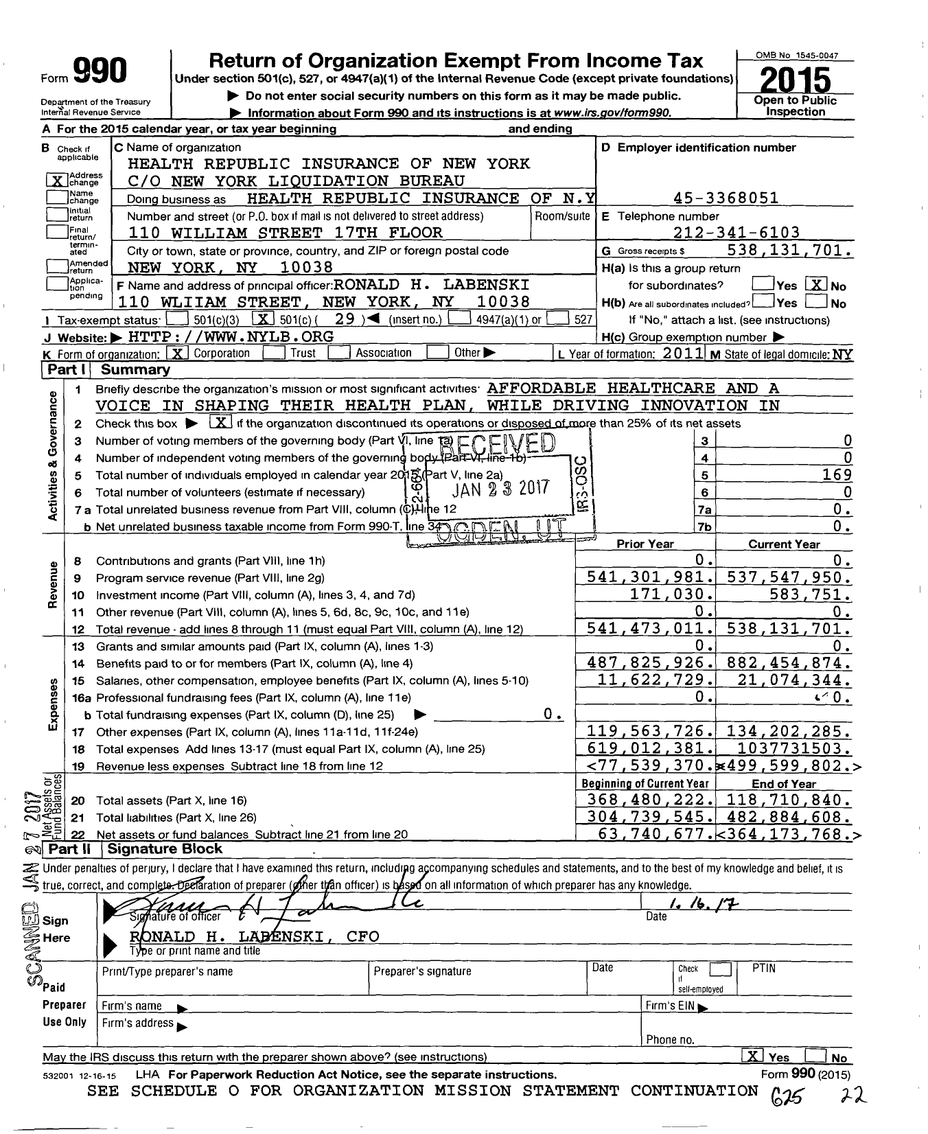 Image of first page of 2015 Form 990O for Health Republic Insurance of New York (HRINY)