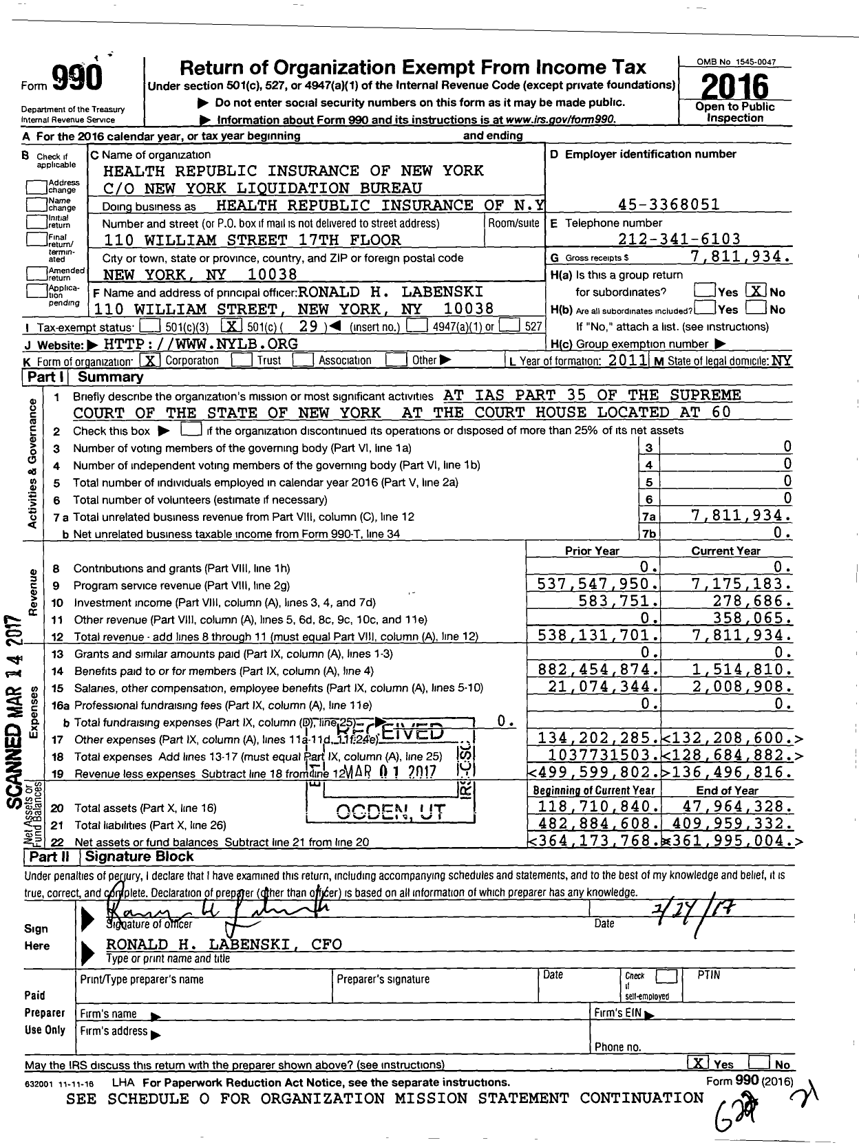 Image of first page of 2016 Form 990O for Health Republic Insurance of New York (HRINY)