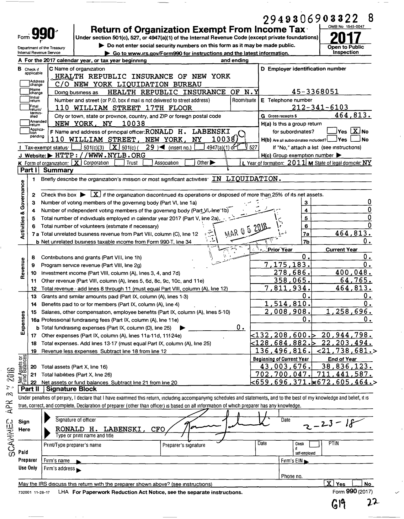 Image of first page of 2017 Form 990O for Health Republic Insurance of New York (HRINY)