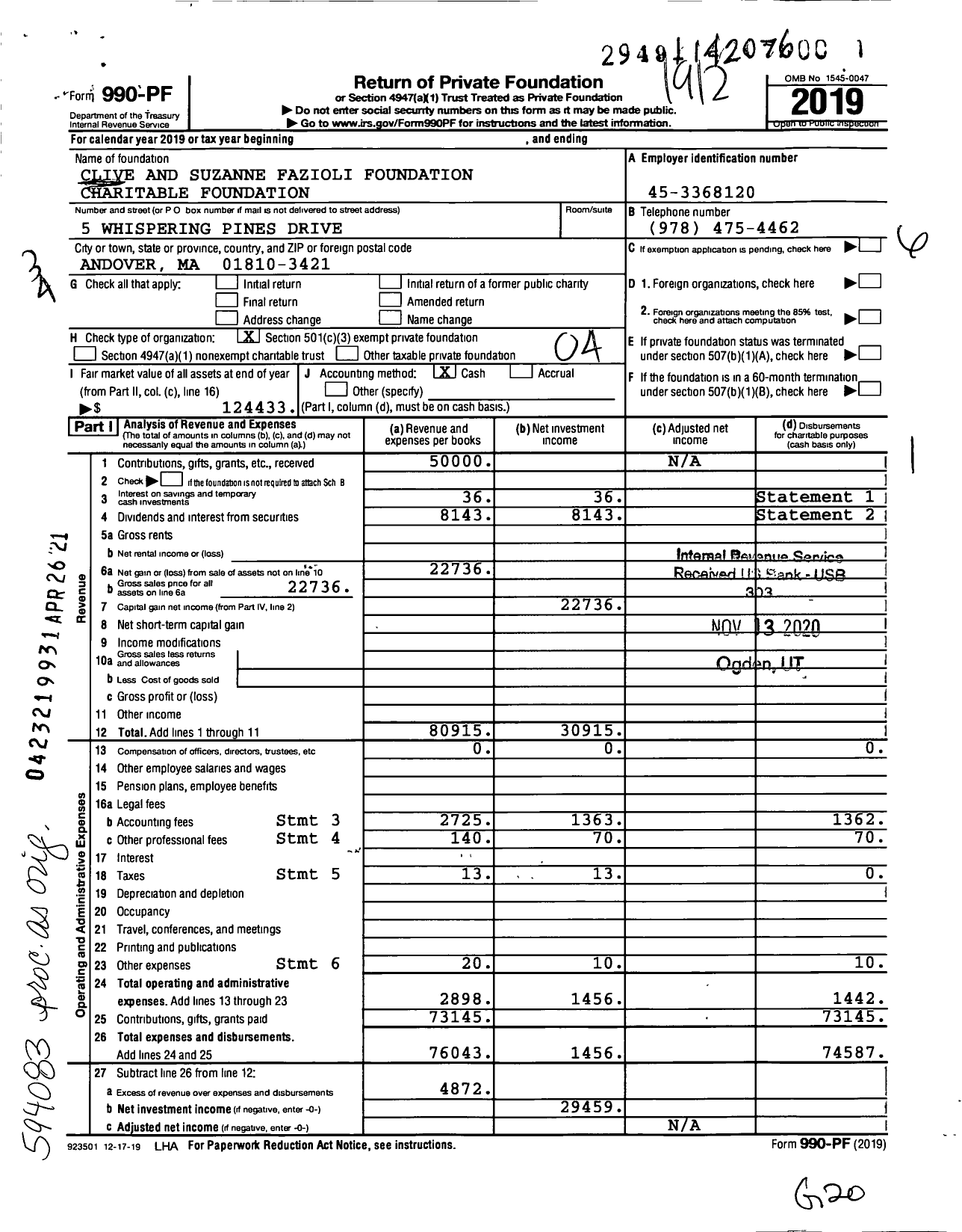 Image of first page of 2019 Form 990PF for Clive and Suzanne Fazioli Foundation Charitable Foundation