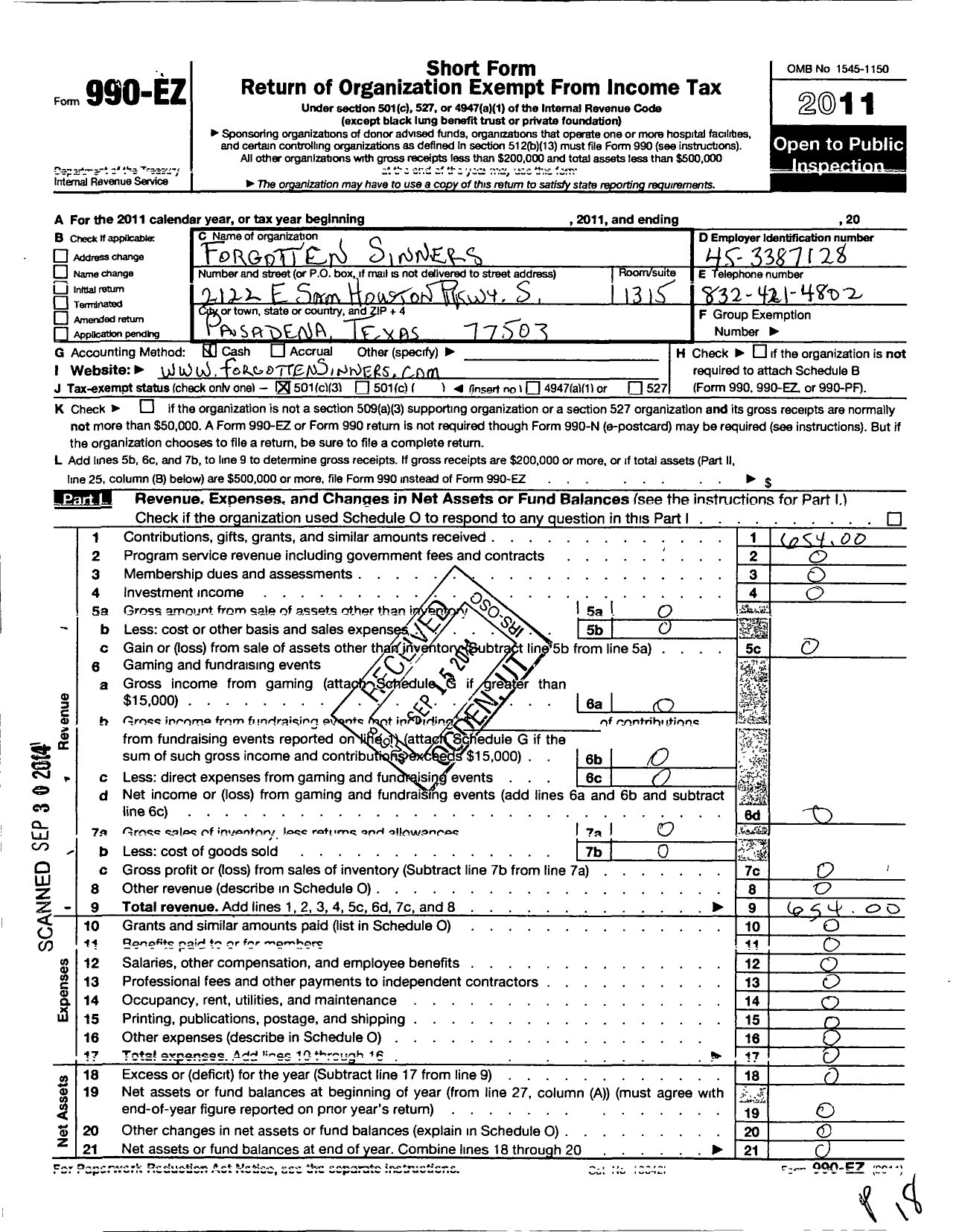 Image of first page of 2011 Form 990EZ for Forgotten Sinners