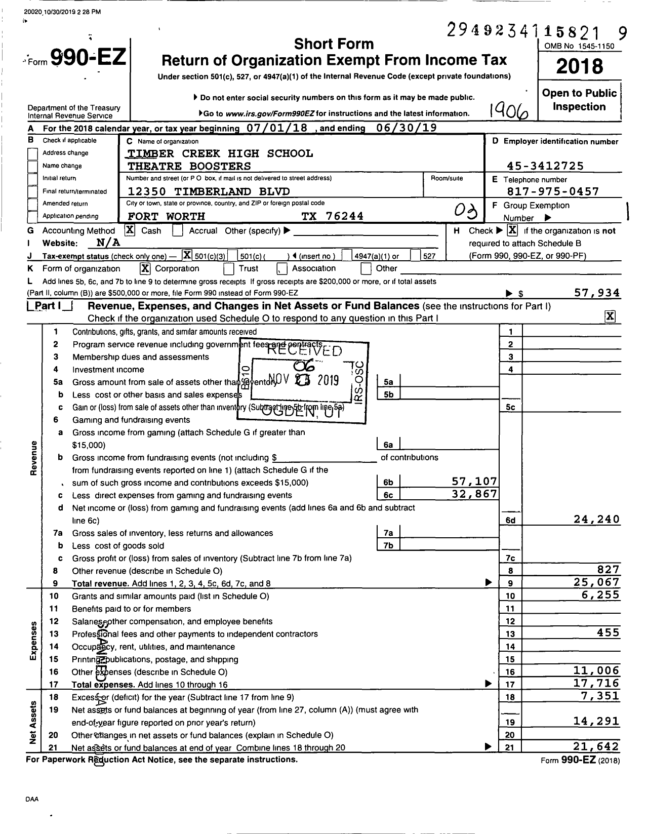 Image of first page of 2018 Form 990EZ for Timber Creek High School Theatre Boosters