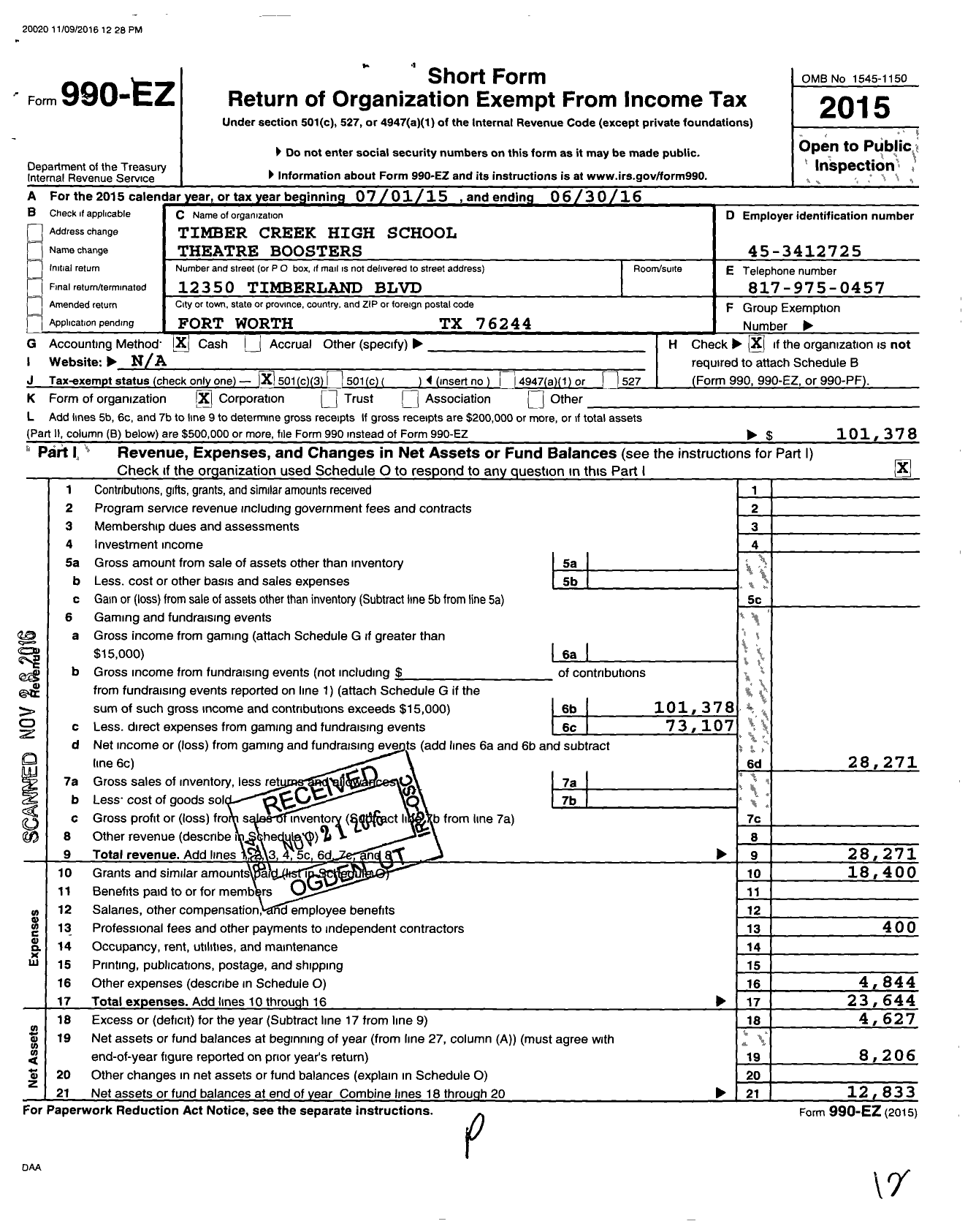 Image of first page of 2015 Form 990EZ for Timber Creek High School Theatre Boosters