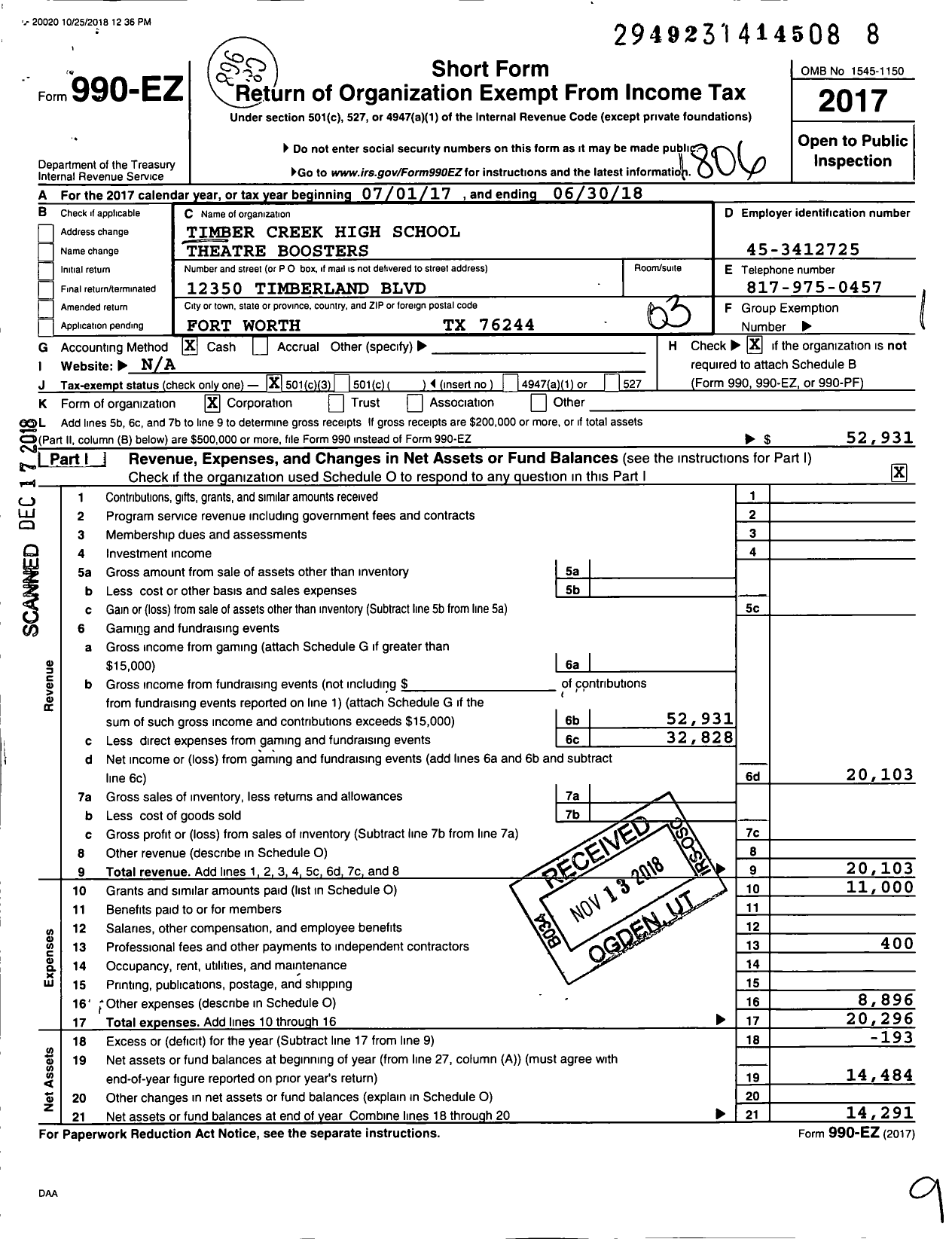 Image of first page of 2017 Form 990EZ for Timber Creek High School Theatre Boosters