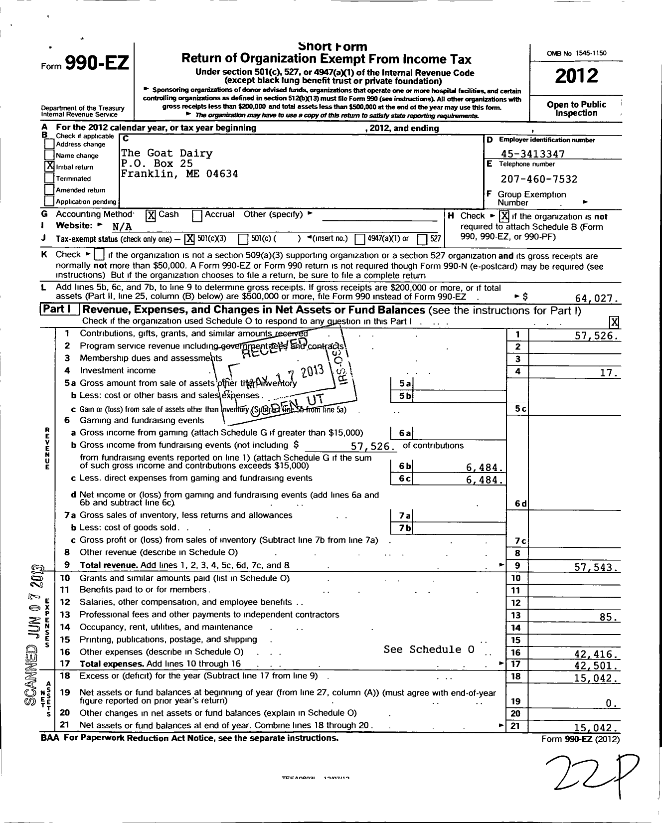 Image of first page of 2012 Form 990EZ for The Goat Dairy