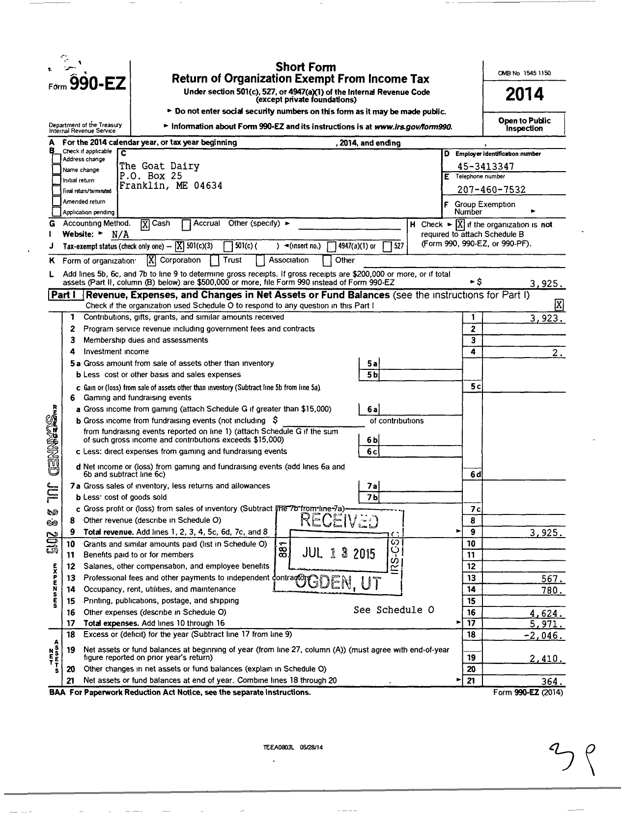 Image of first page of 2014 Form 990EZ for The Goat Dairy