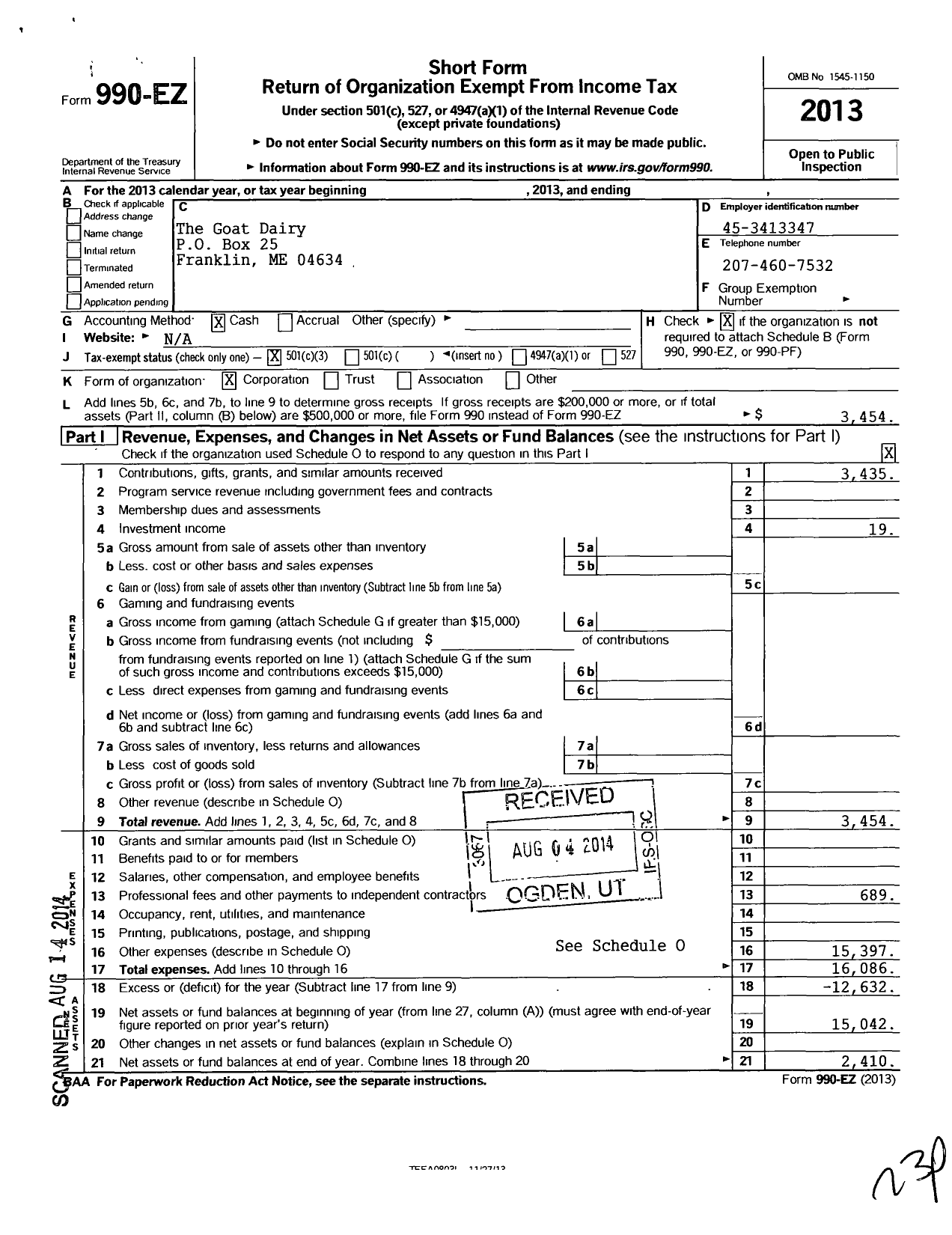 Image of first page of 2013 Form 990EZ for The Goat Dairy