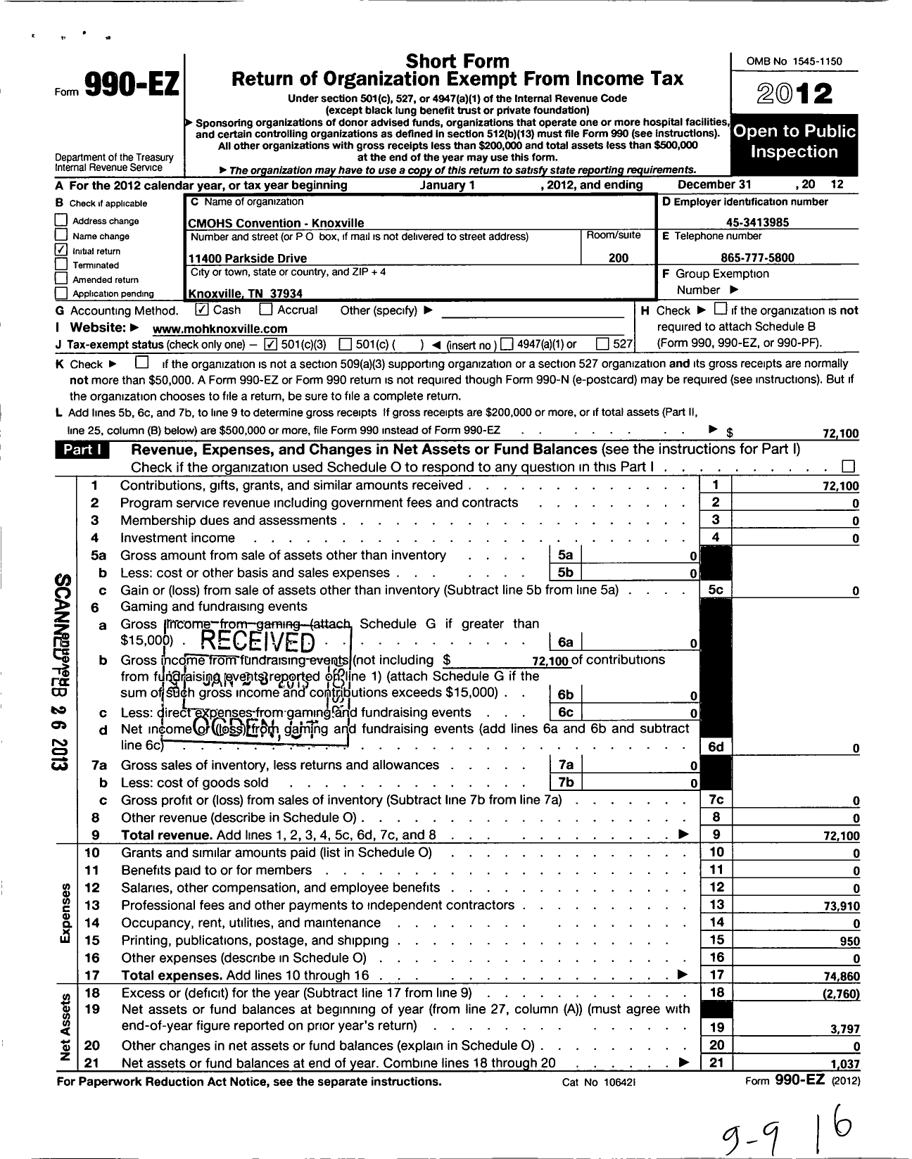 Image of first page of 2012 Form 990EZ for CMOHS Convention - Knoxville