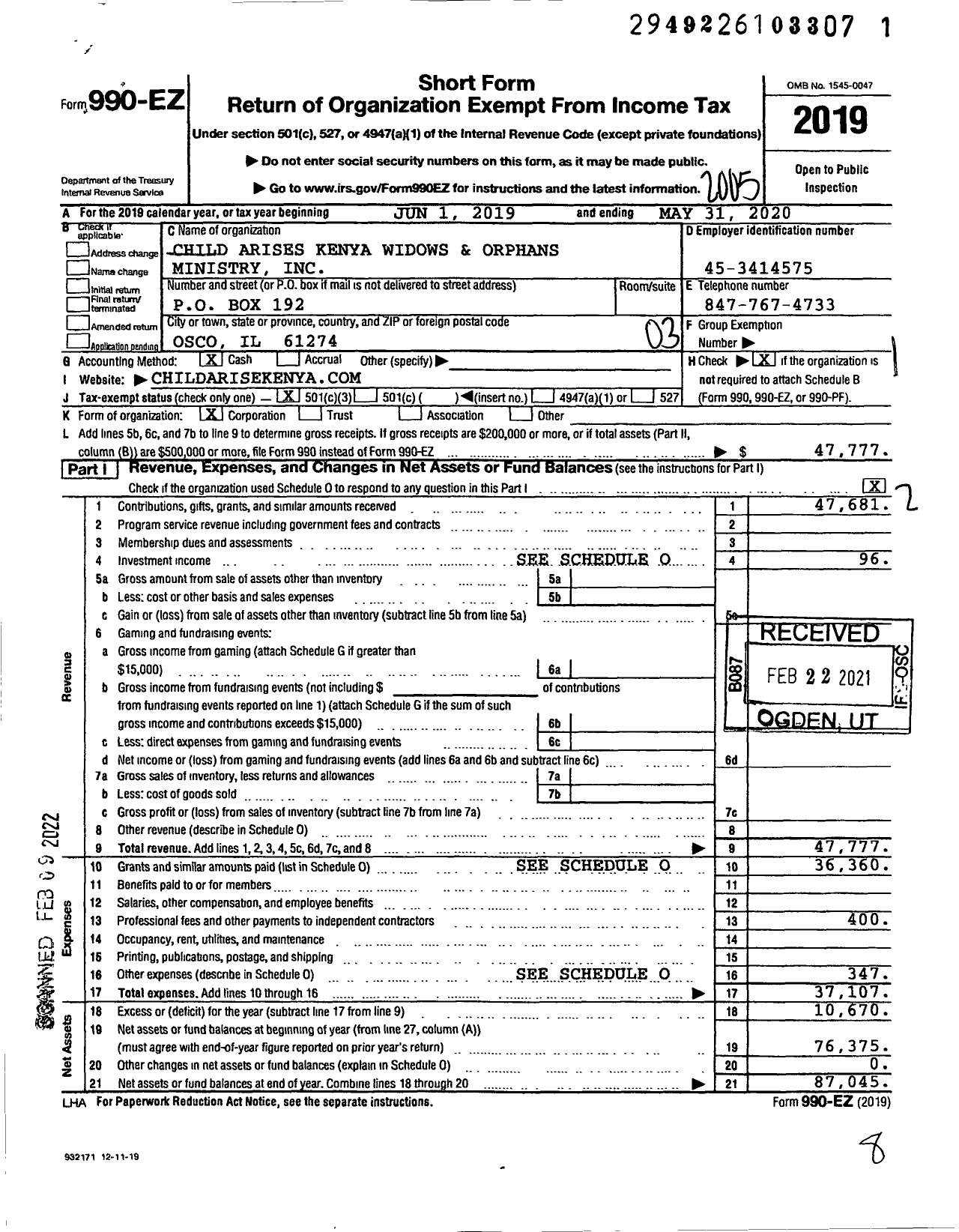 Image of first page of 2019 Form 990EZ for Child Arise Kenya Widows and Orphans Ministry