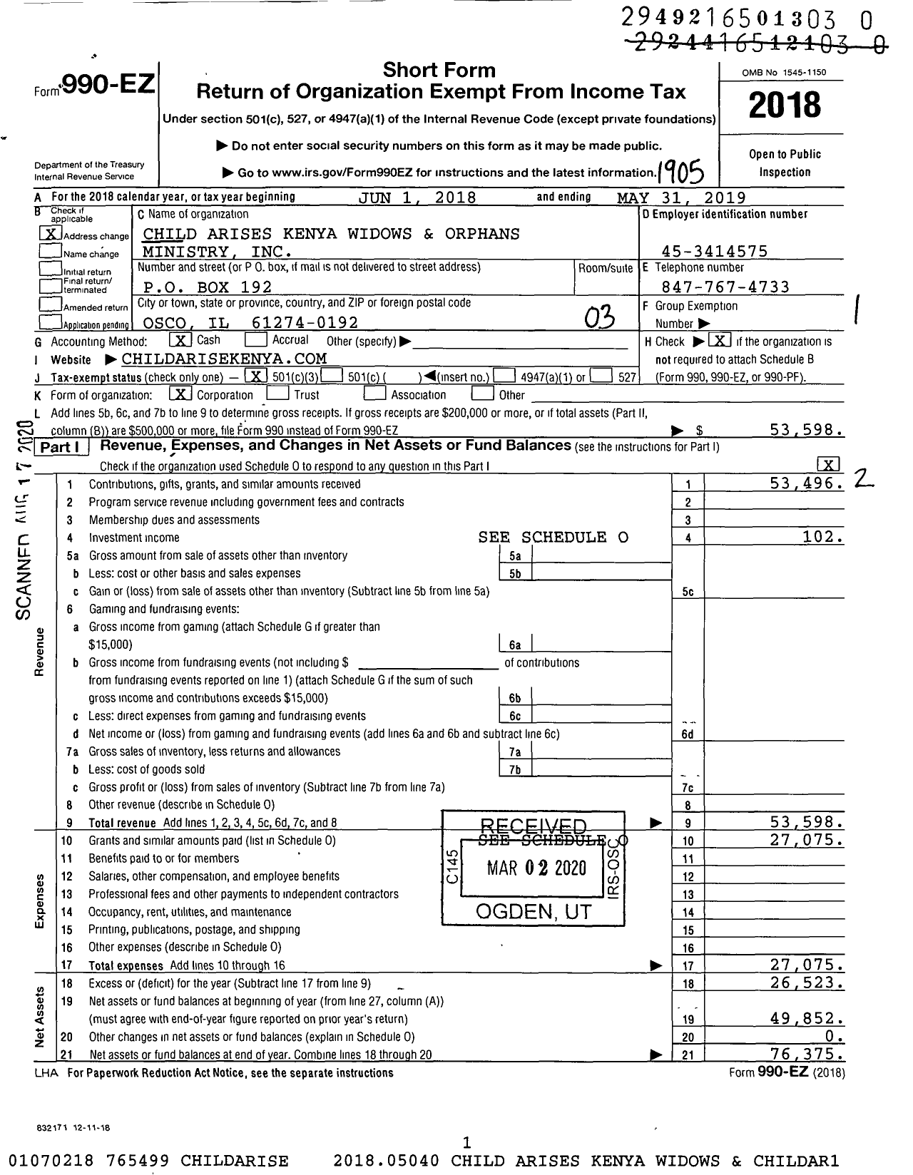 Image of first page of 2018 Form 990EZ for Child Arise Kenya Widows and Orphans Ministry