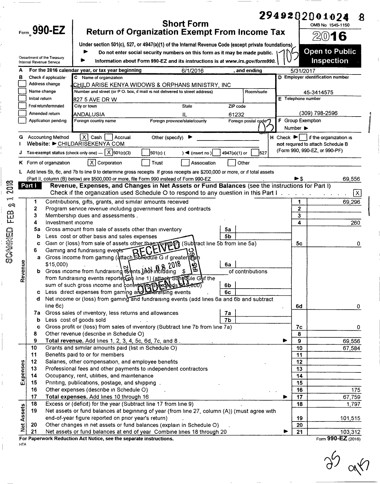 Image of first page of 2016 Form 990EZ for Child Arise Kenya Widows and Orphans Ministry