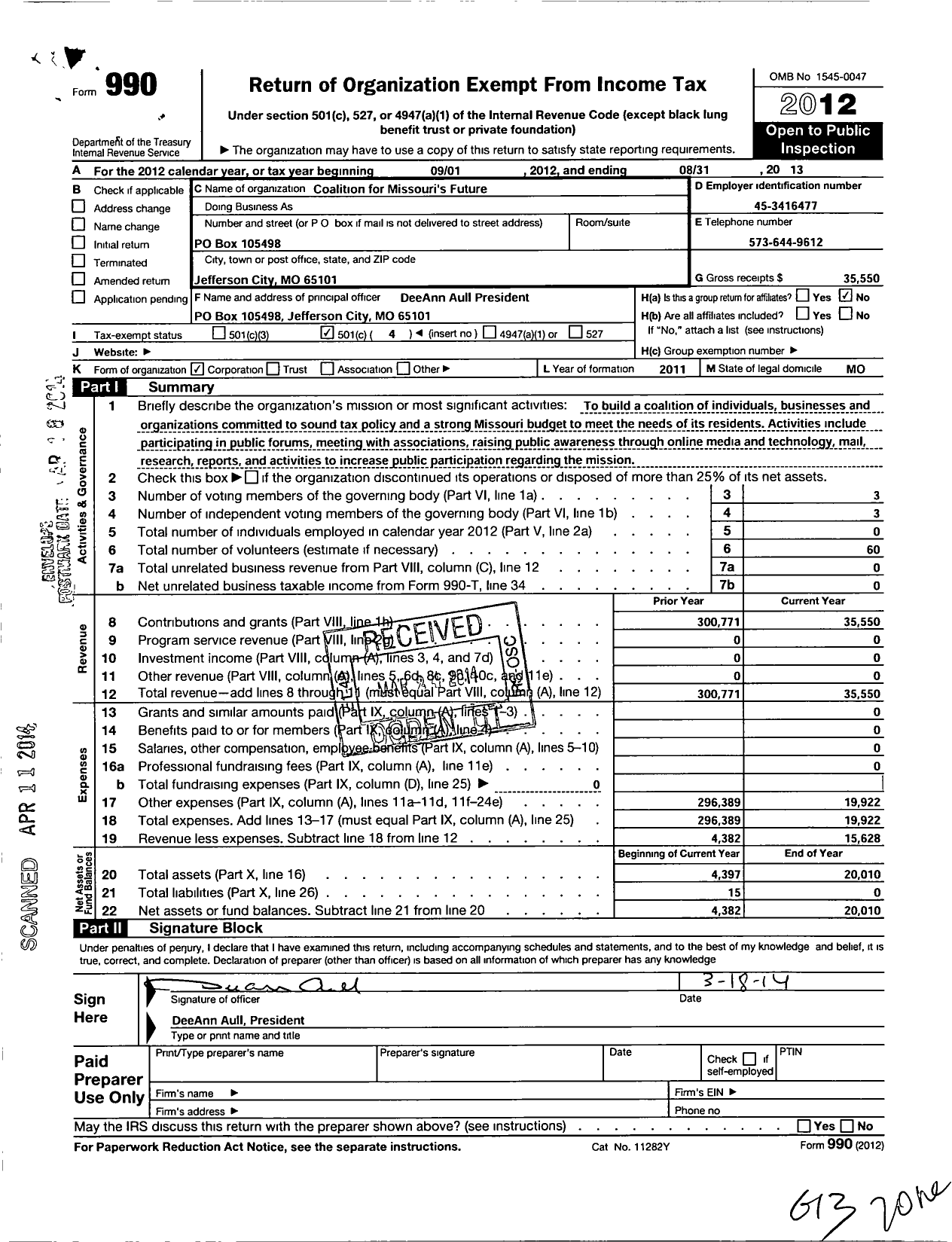 Image of first page of 2012 Form 990O for Coalition for Missouris Future