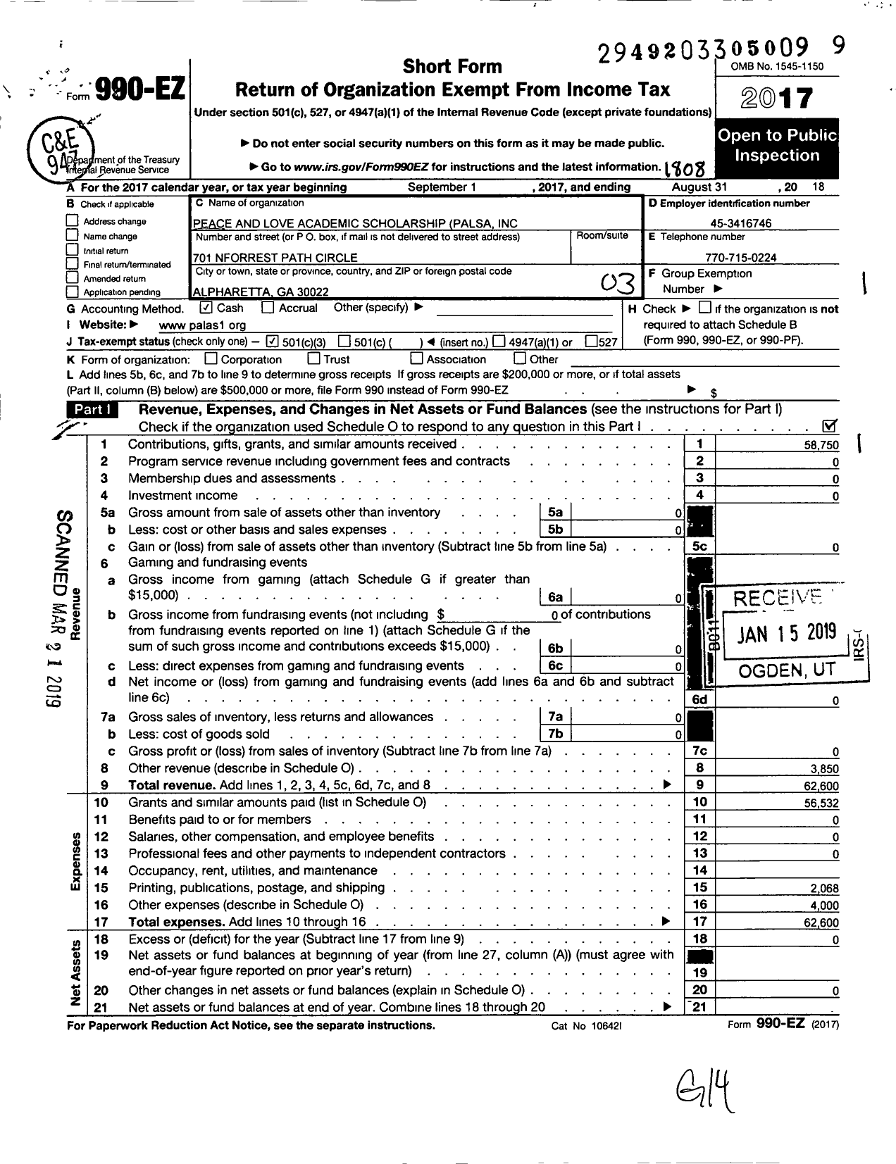 Image of first page of 2017 Form 990EZ for Peace and Love Academic Scholarship -palas (PALAS)