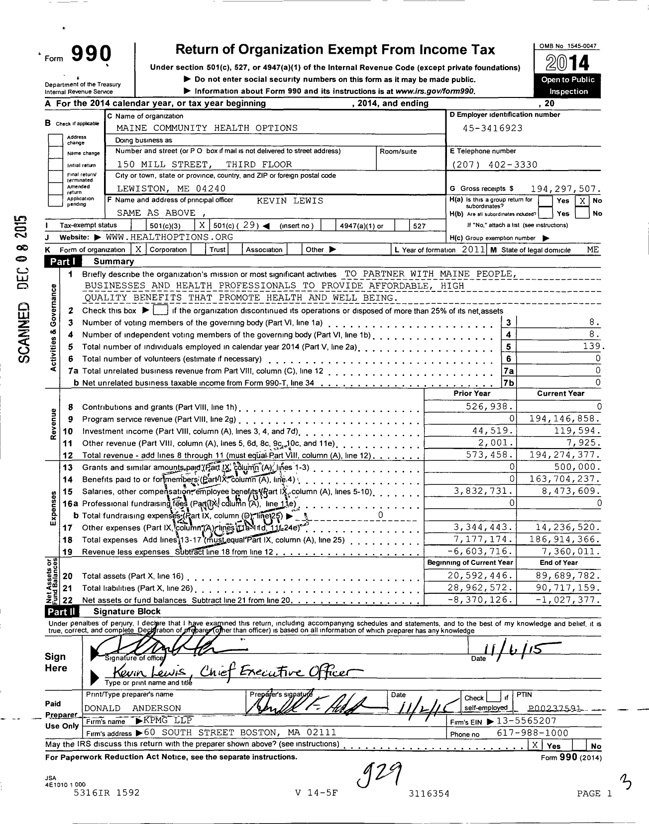 Image of first page of 2014 Form 990O for Maine Community Health Options