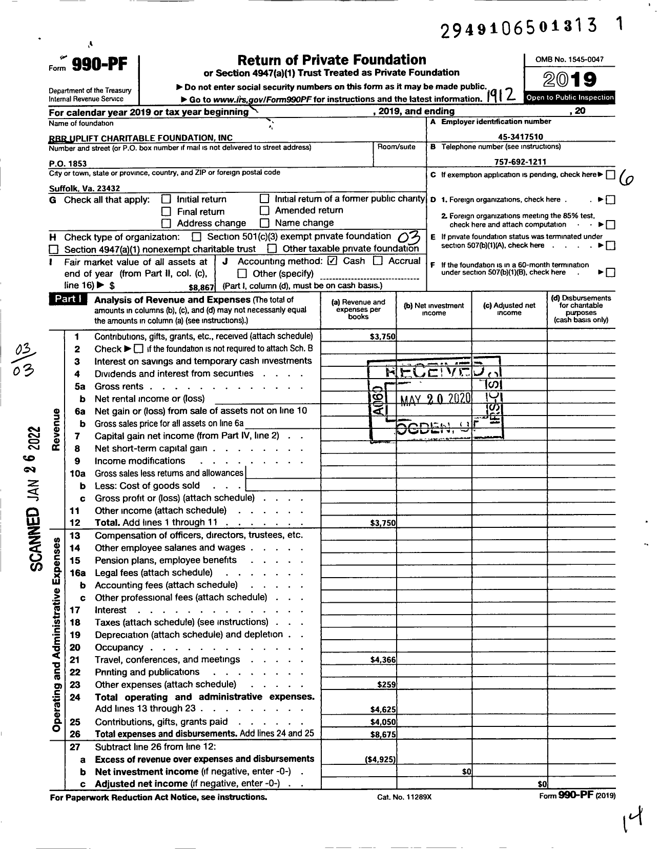 Image of first page of 2019 Form 990PF for RBR Uplift Charitable Foundation