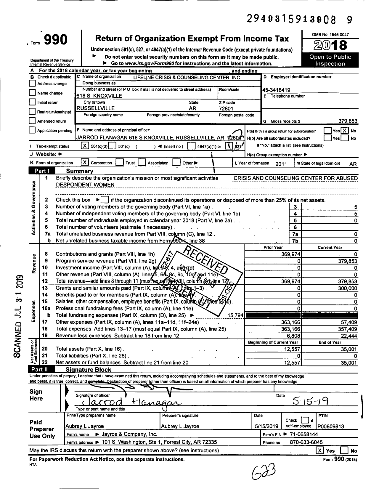 Image of first page of 2018 Form 990 for Lifeline Crisis and Counseling Center