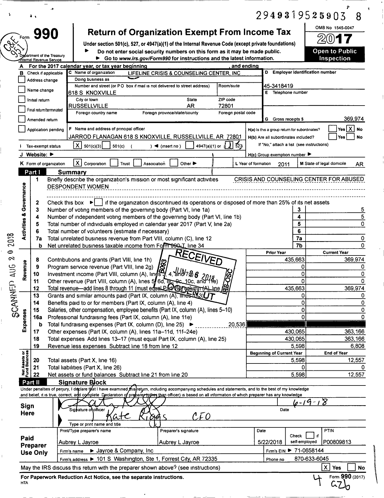 Image of first page of 2017 Form 990 for Lifeline Crisis and Counseling Center