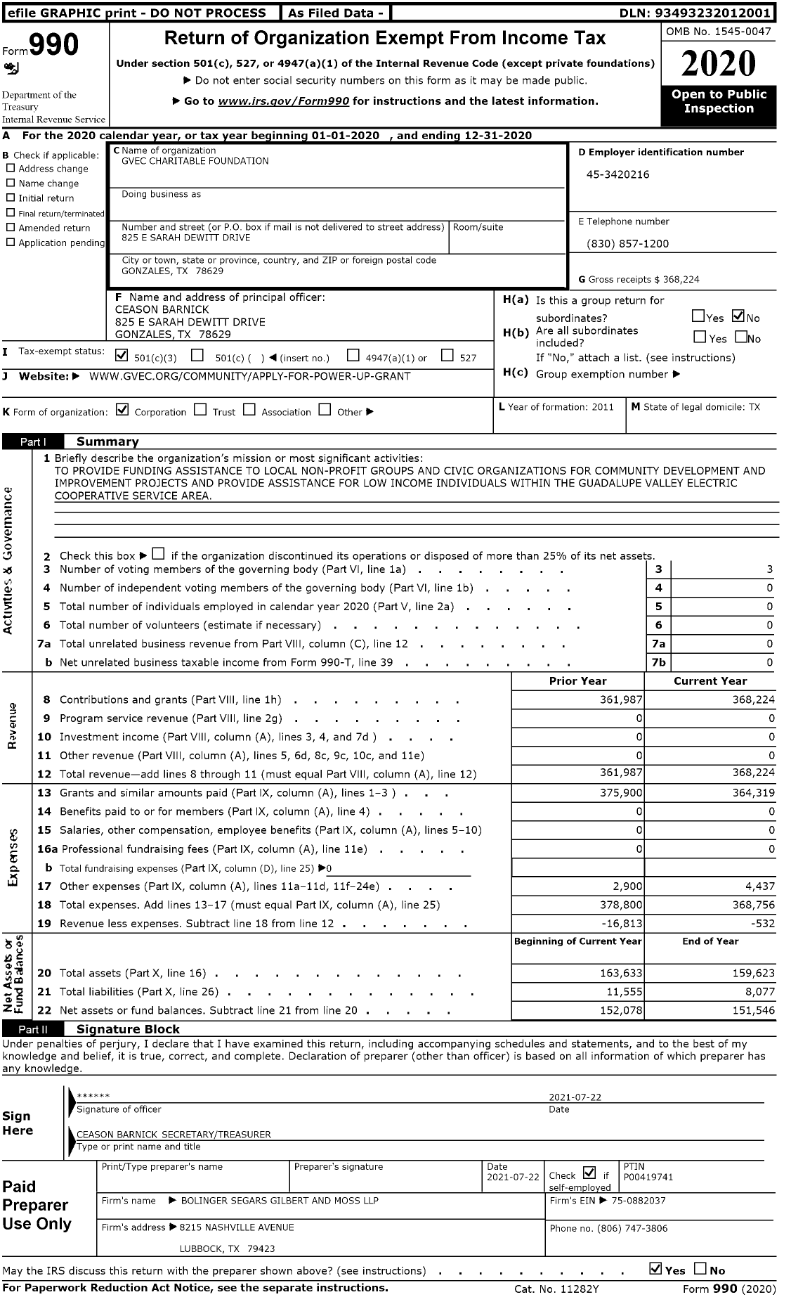 Image of first page of 2020 Form 990 for Gvec Charitable Foundation