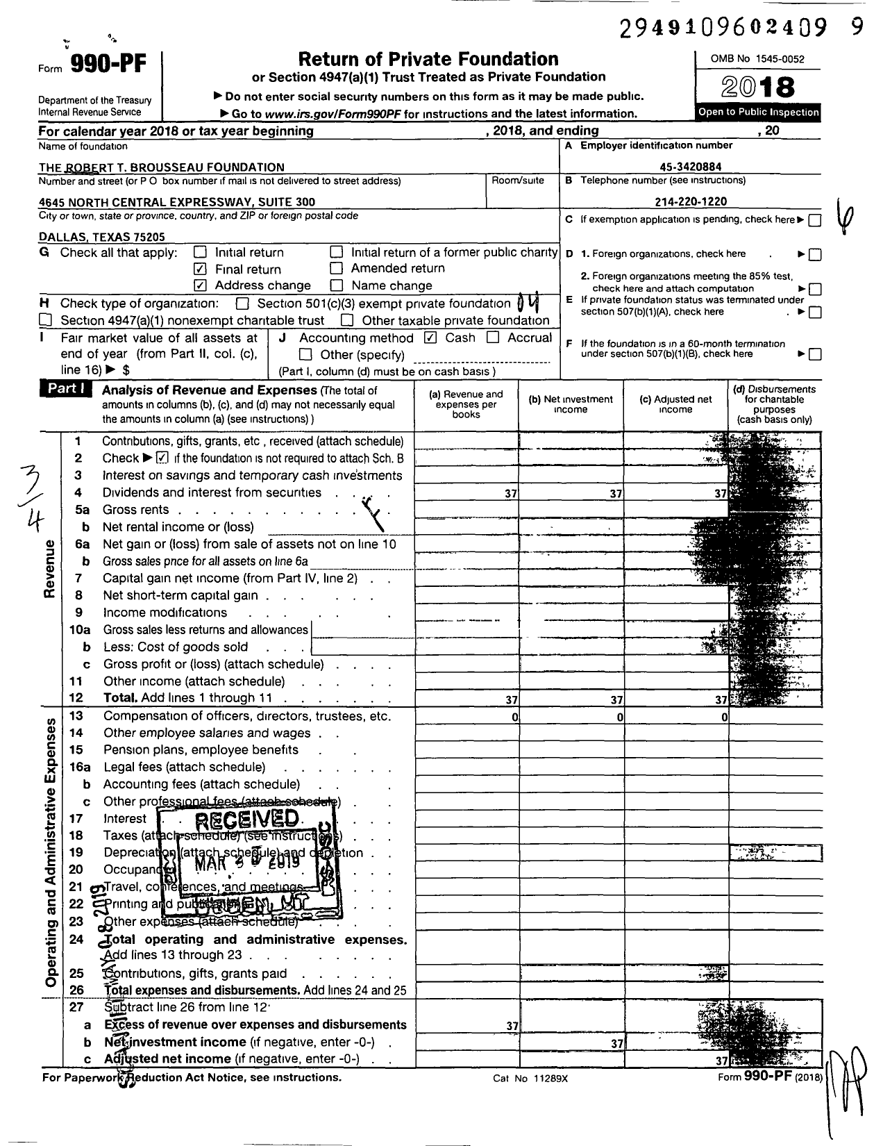 Image of first page of 2018 Form 990PF for The Robert T Brousseau Foundation