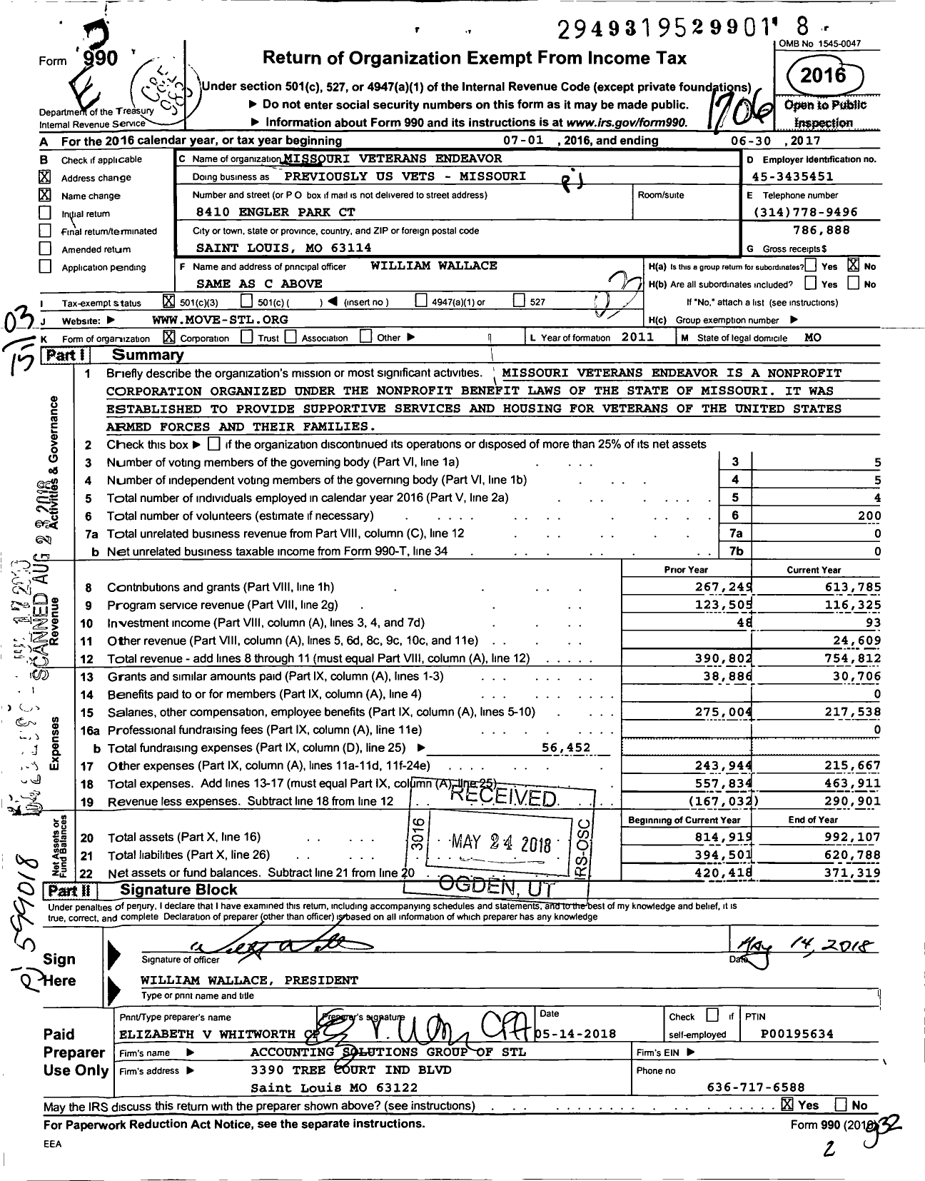 Image of first page of 2016 Form 990 for Missouri Veterans Endeavor