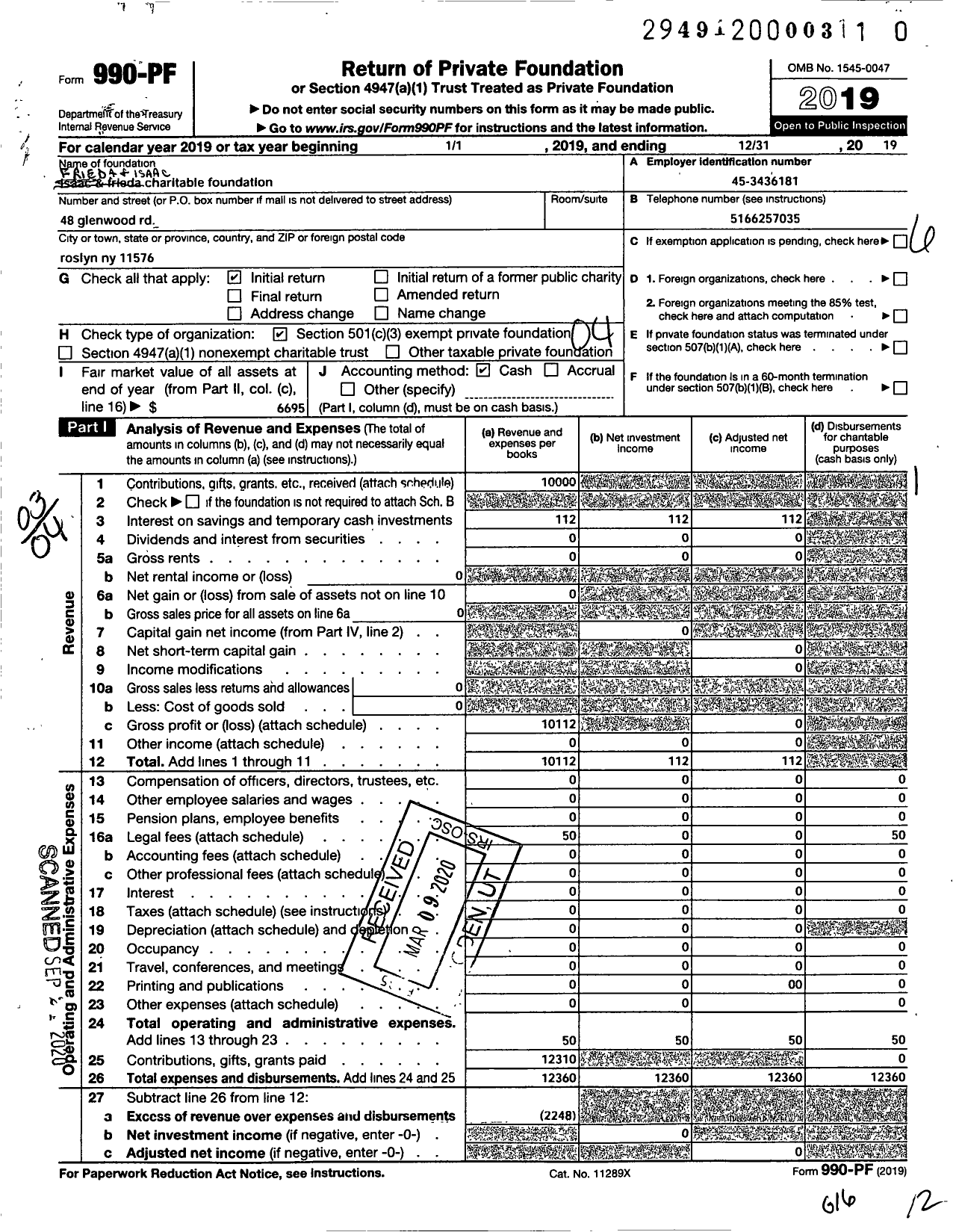 Image of first page of 2019 Form 990PR for Frieda and Isaac Charitable Foundation