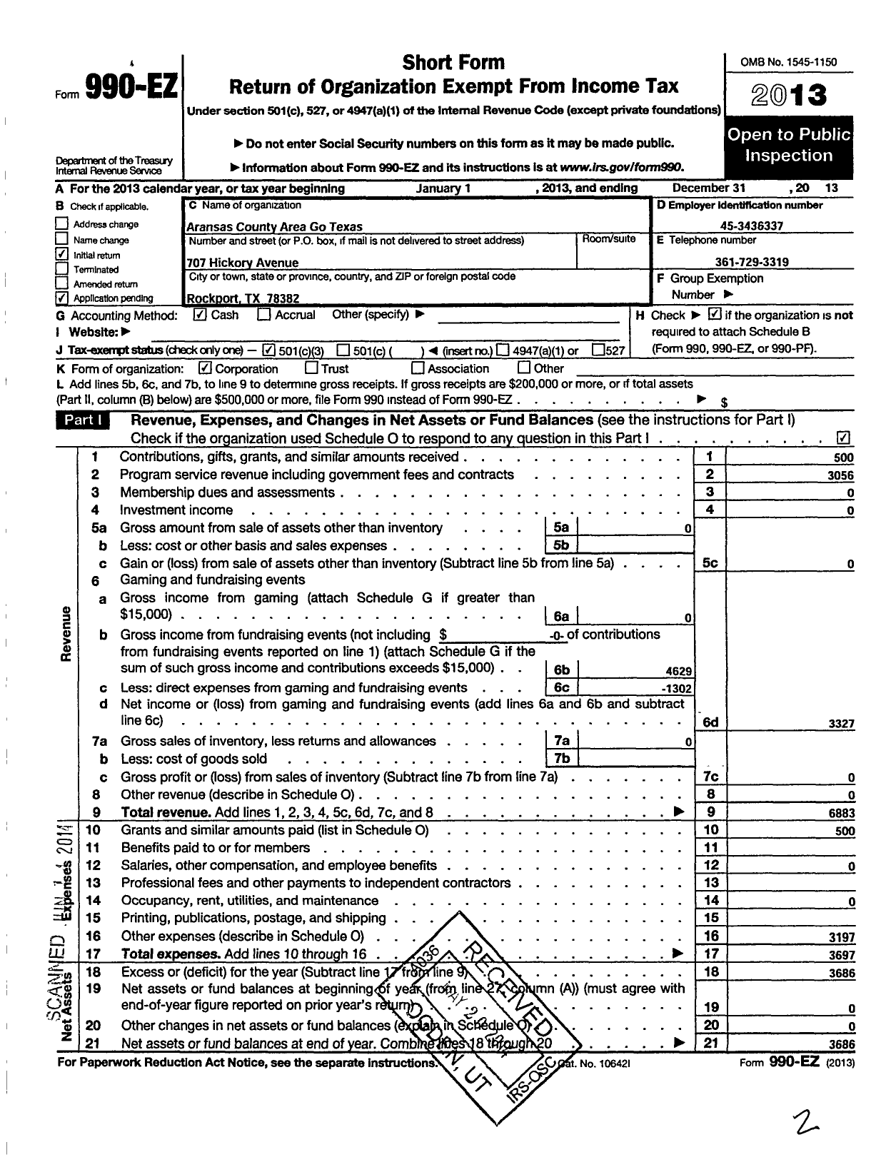 Image of first page of 2013 Form 990EZ for Aransas County Area Go Texan Committee