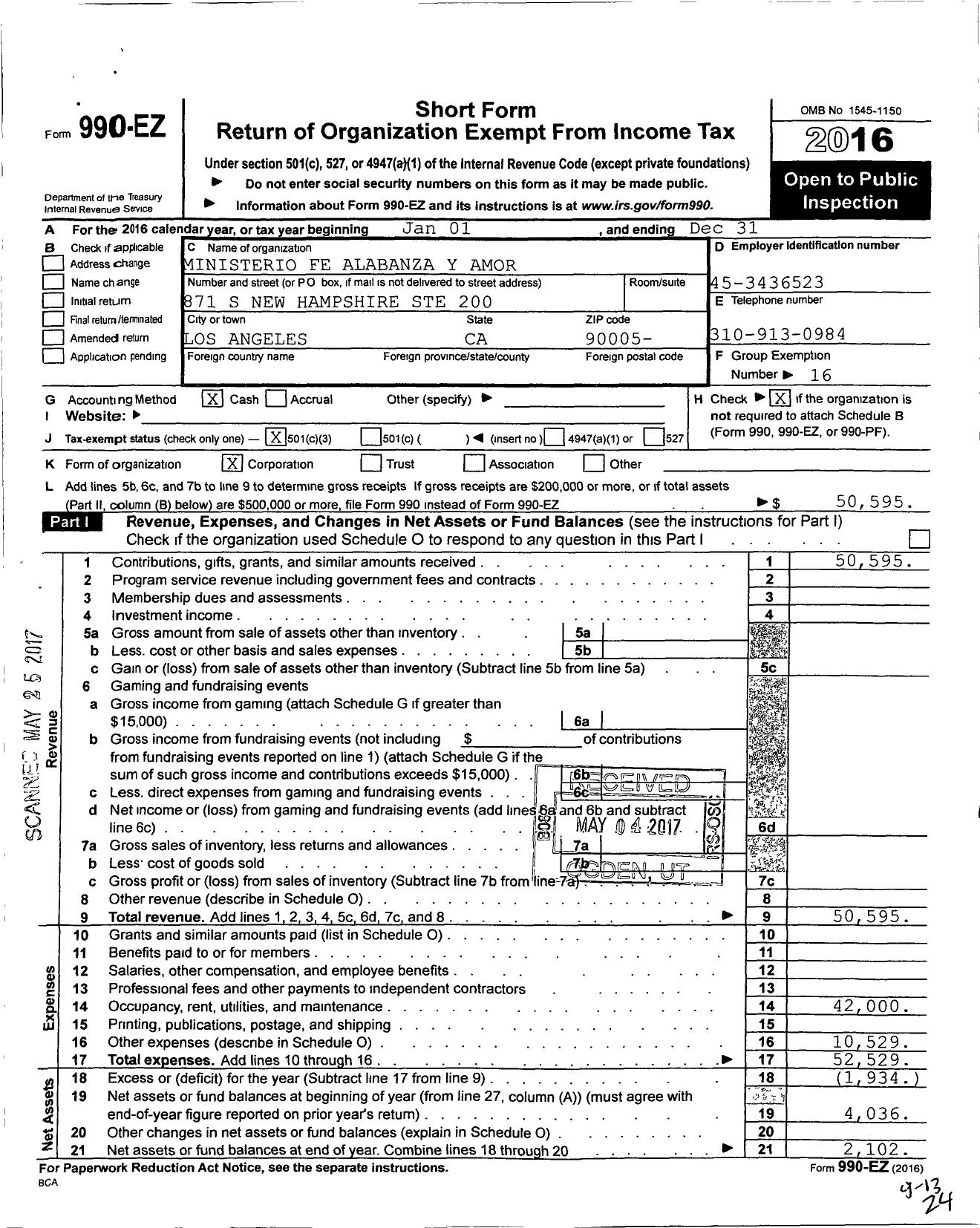 Image of first page of 2016 Form 990EZ for Ministerios Fe Alabanza Y Amor Los Angeles