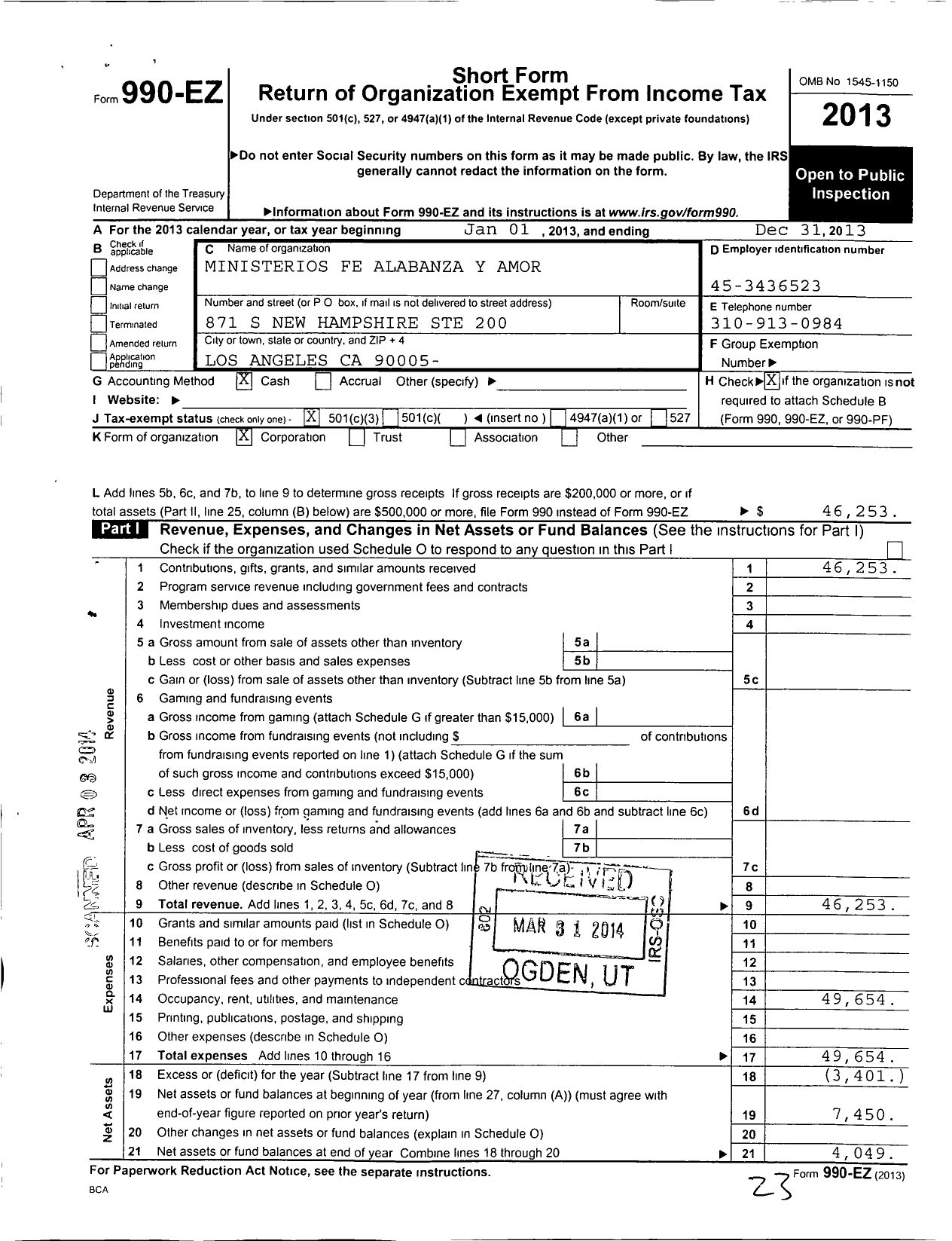 Image of first page of 2013 Form 990EZ for Ministerios Fe Alabanza Y Amor Los Angeles