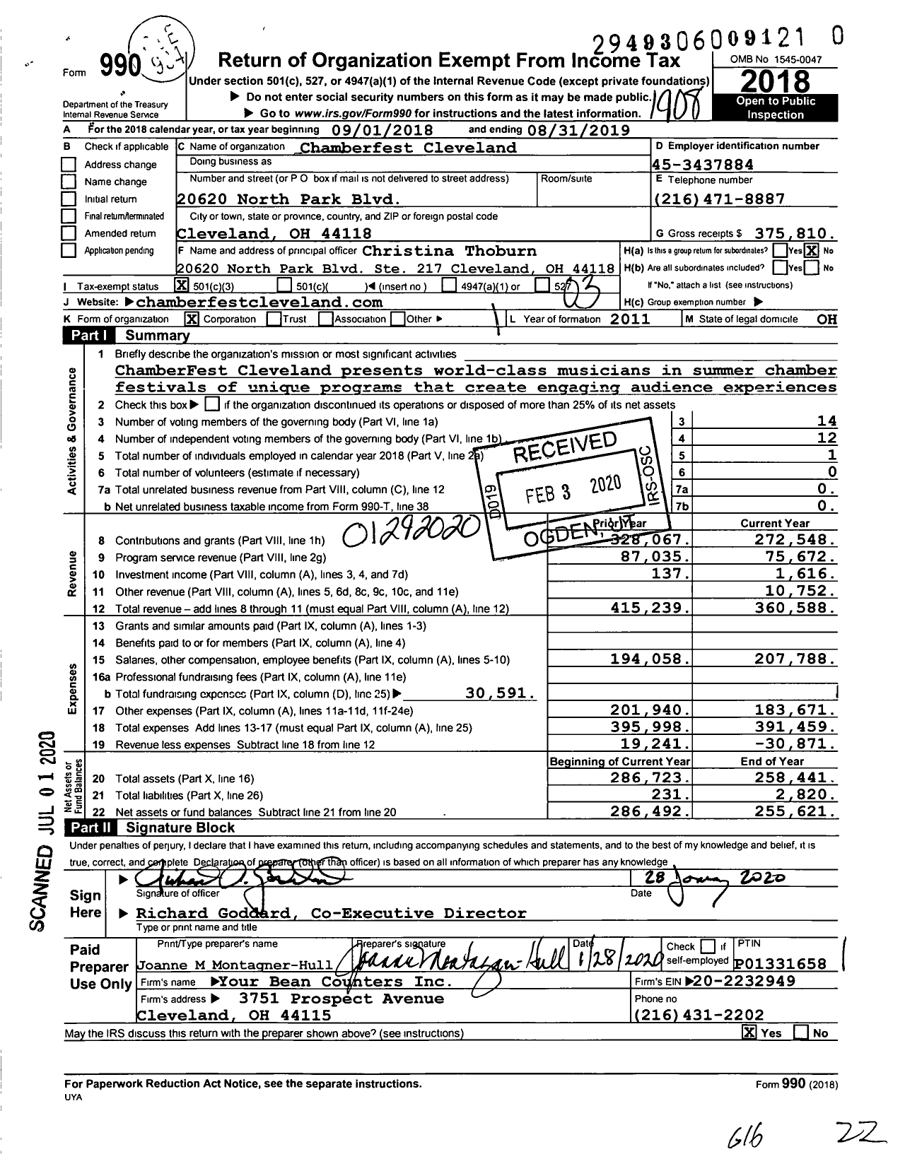 Image of first page of 2018 Form 990 for Chamberfest Cleveland