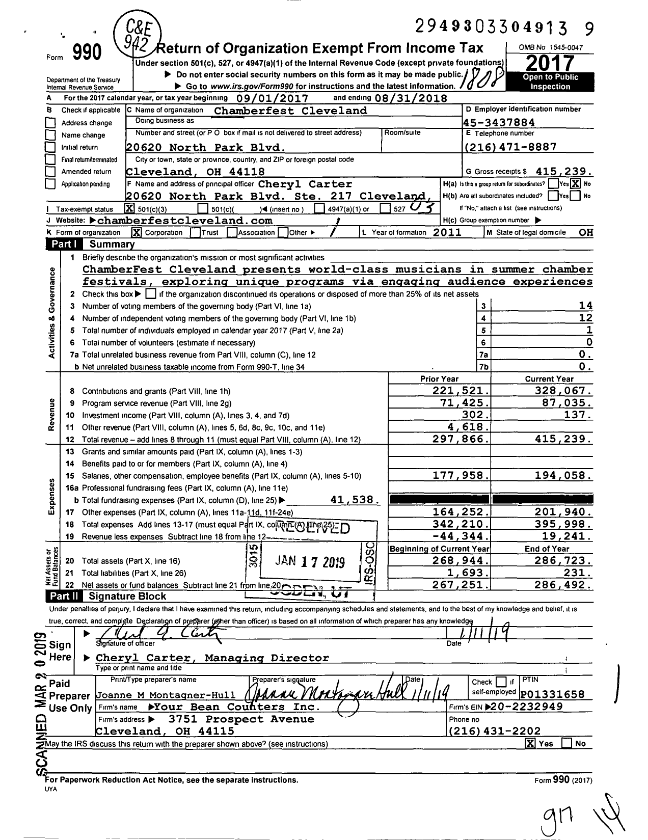 Image of first page of 2017 Form 990 for Chamberfest Cleveland