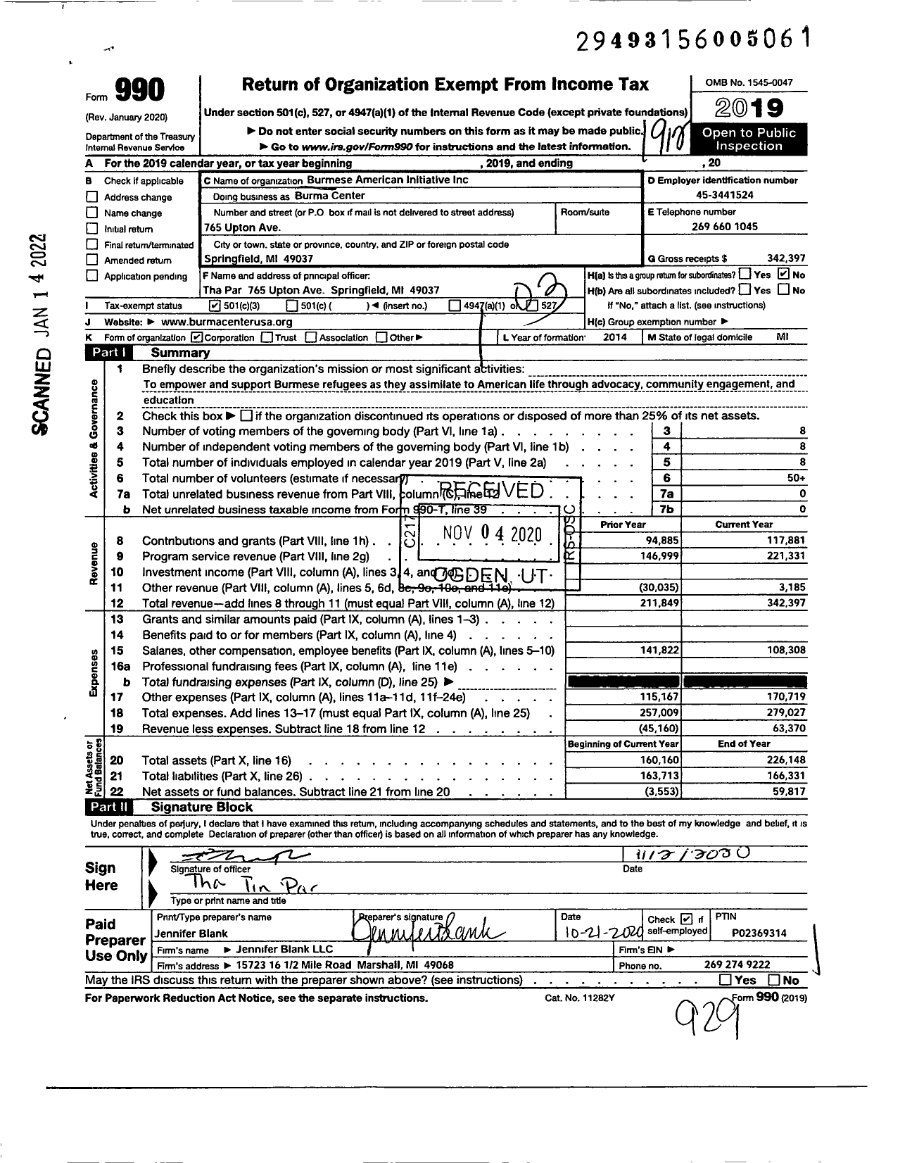 Image of first page of 2019 Form 990 for Burma Center