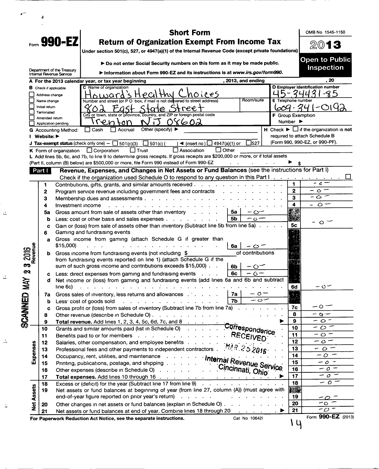 Image of first page of 2013 Form 990EO for Howards Healthy Choices
