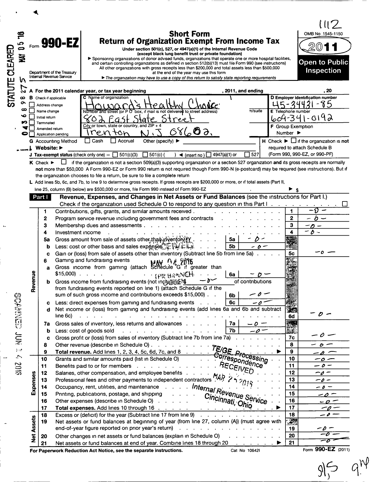 Image of first page of 2011 Form 990EO for Howards Healthy Choices